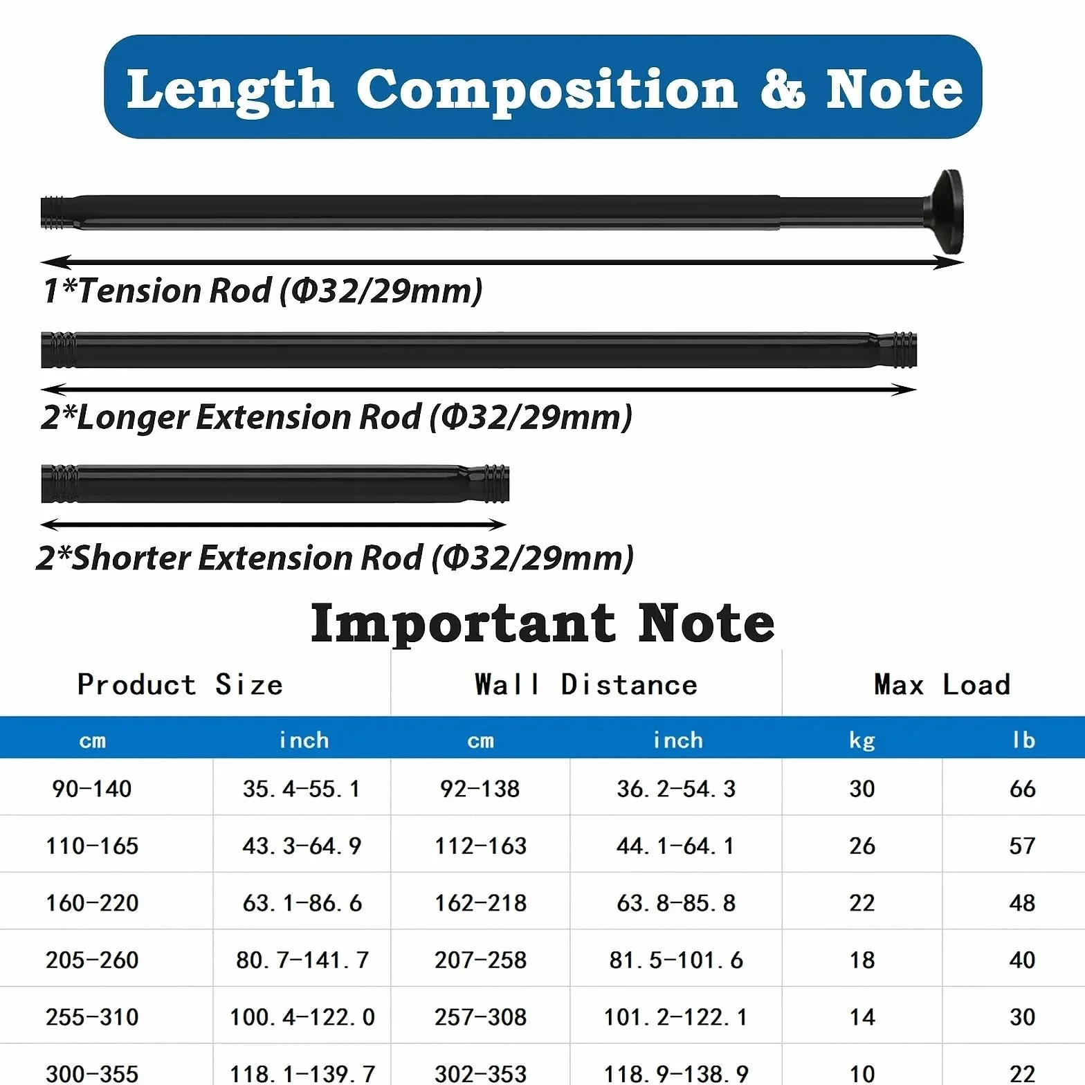 Barre de rideau sans perçage 400 cm de long - Barre de rideau de 4 m de longueur extra - Barre de douche sans perçage - Barre de vêtements extensible pour salle de bain, chambre à coucher - Noir (350