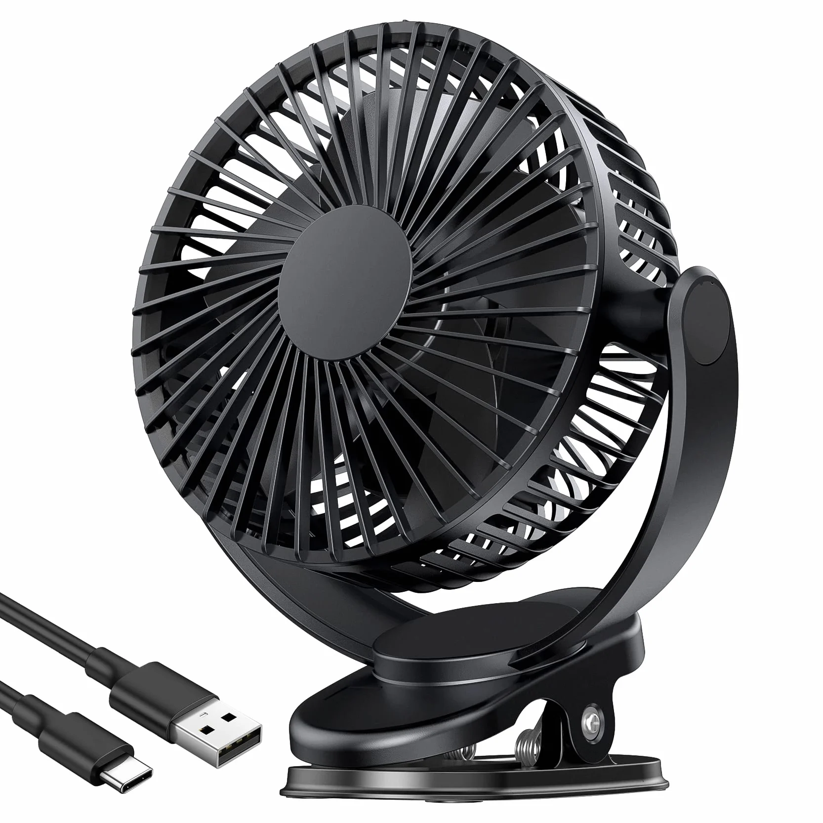 ATEngeus ventilateur Pince USB 5 inch avec batterie 5000 mAh, Portable Petit Ventilateur de Bureau, 3 vitesses, double rotation à 360°, avec câble USB, convient pour les familles, les bureaux