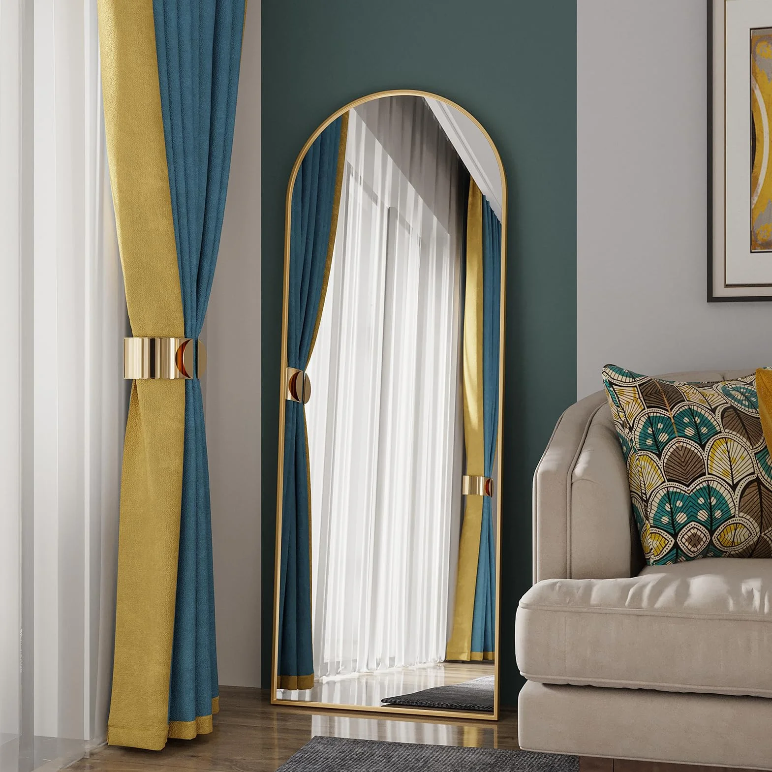 Miroir complet cadre aluminium doré 162 x 53 cm suspendre mur poser coins arrondis