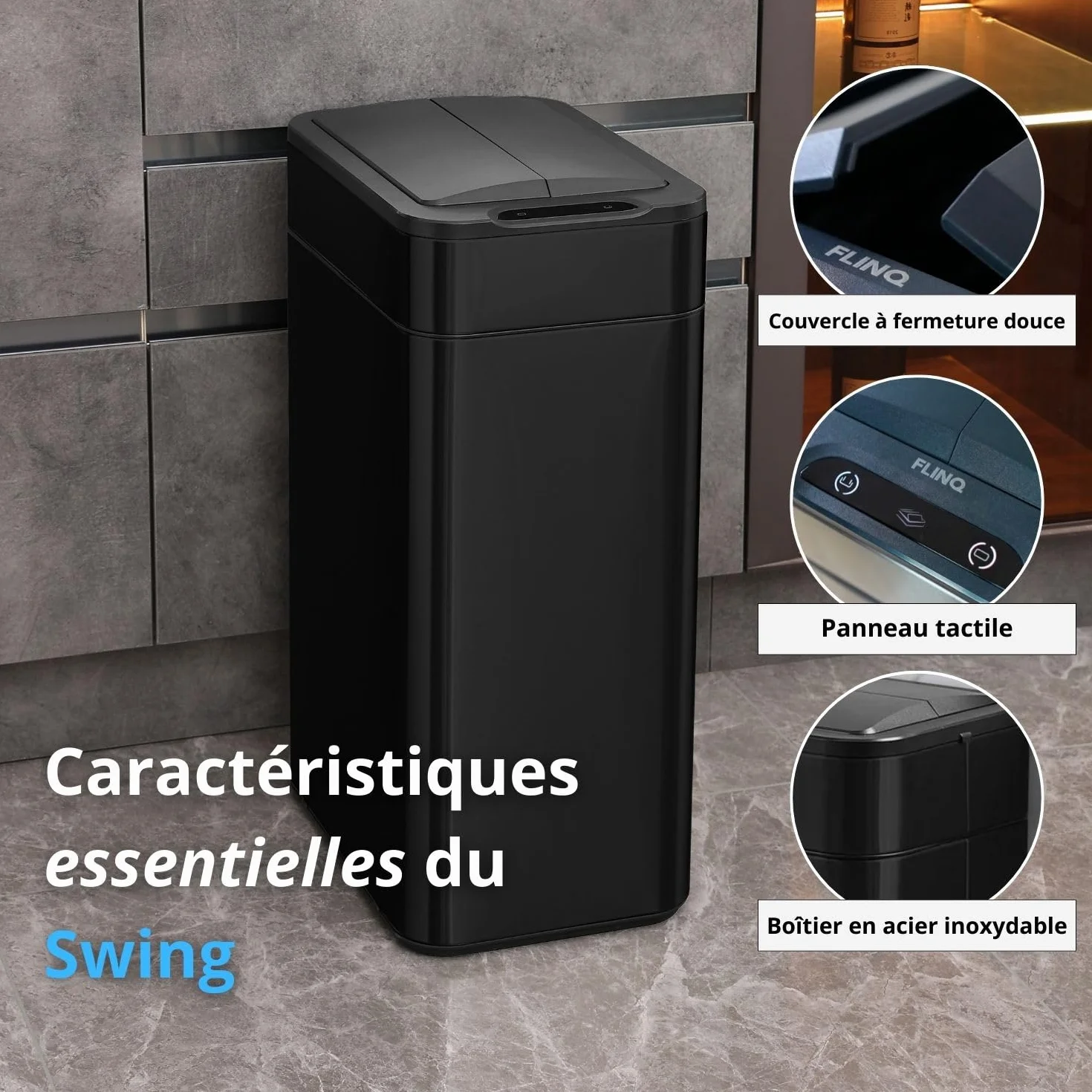 FLINQ Poubelle Cuisine 60 Litres Automatique – Poubelle Rectangulaire avec Couvercle Bascule – Grande Capacité pour Cuisine Moderne – Design Inox Élégant - Noir