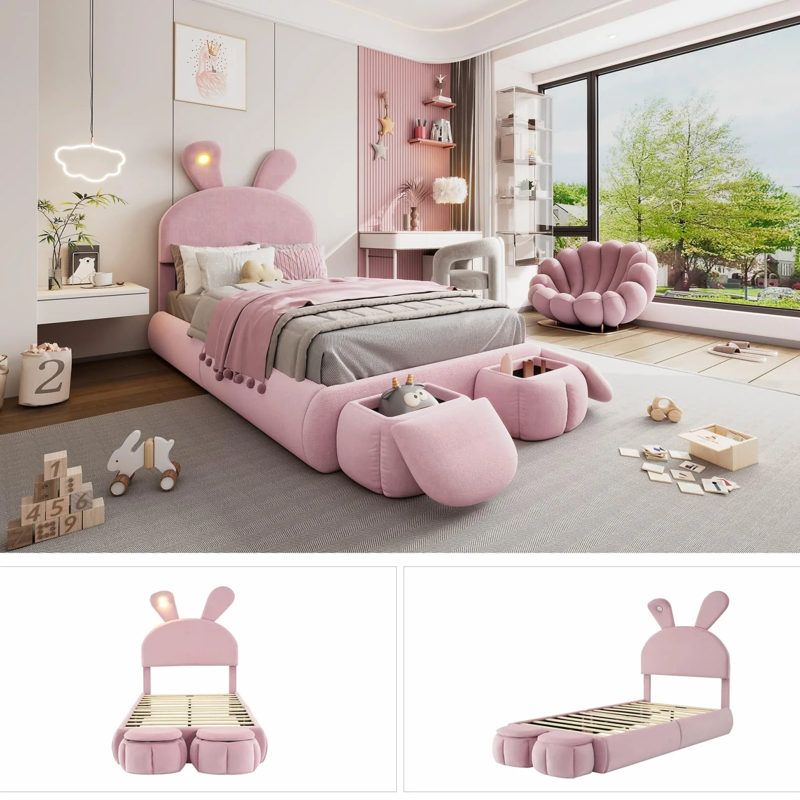 PUGSDRLY Lit Enfant 90x200 cm Lapin,Lit Une Place Rembourré avec LED Réglable,2 Bancs de Rangement,Tête Réglable,Sommier à Lattes,pour Filles,Garçons,Velours(Rose, 90x200)