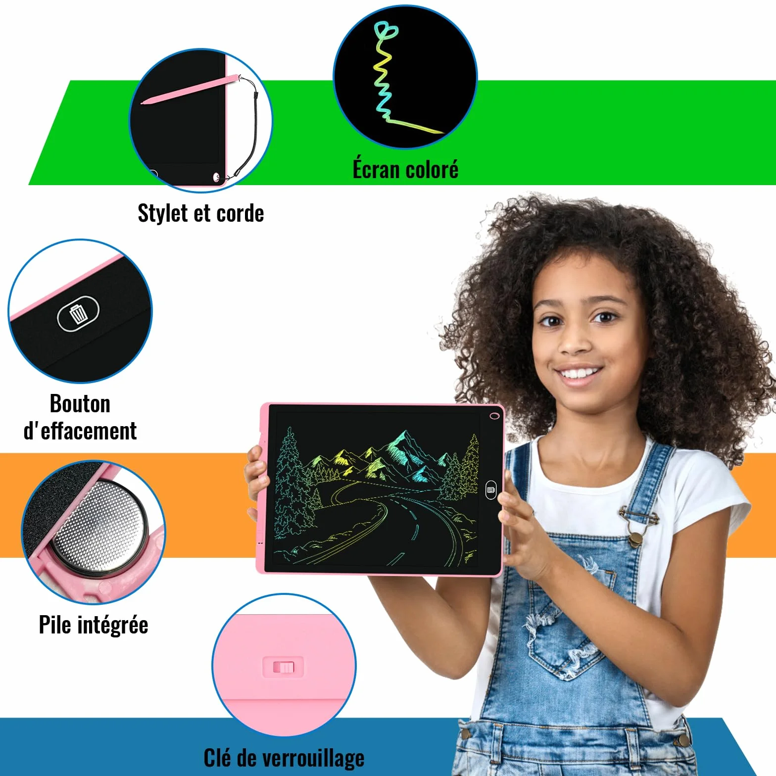 Electight Tablette Dessin Enfants 12 Pouces LCD Colorée avec Bouton Effacement Verrouillage Bleu Rose
