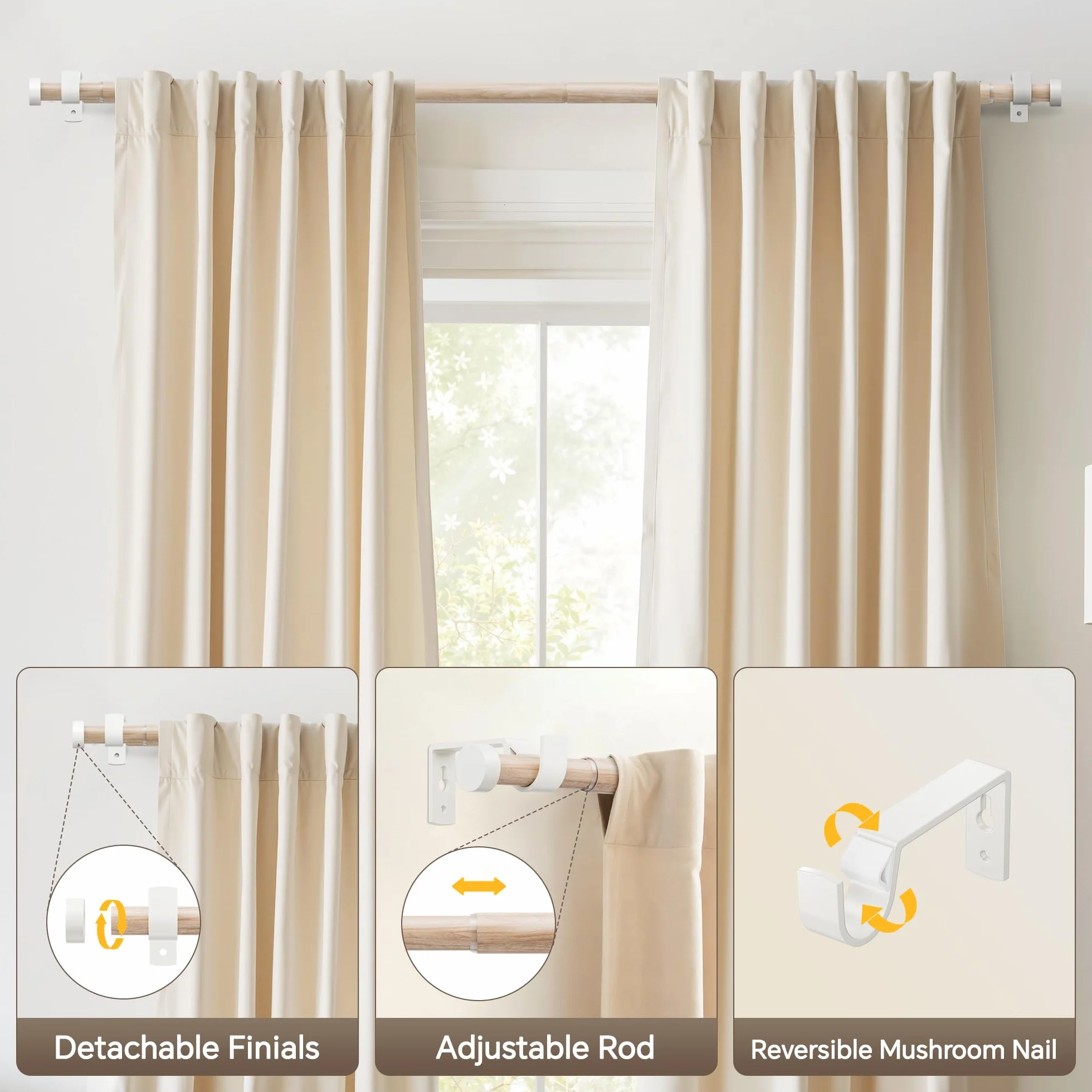 Tringle Rideau Grain de Bois 76-208 CM, Extensible 19 MM avec Embout Blanc, Métallique pour Rideaux à Œillets