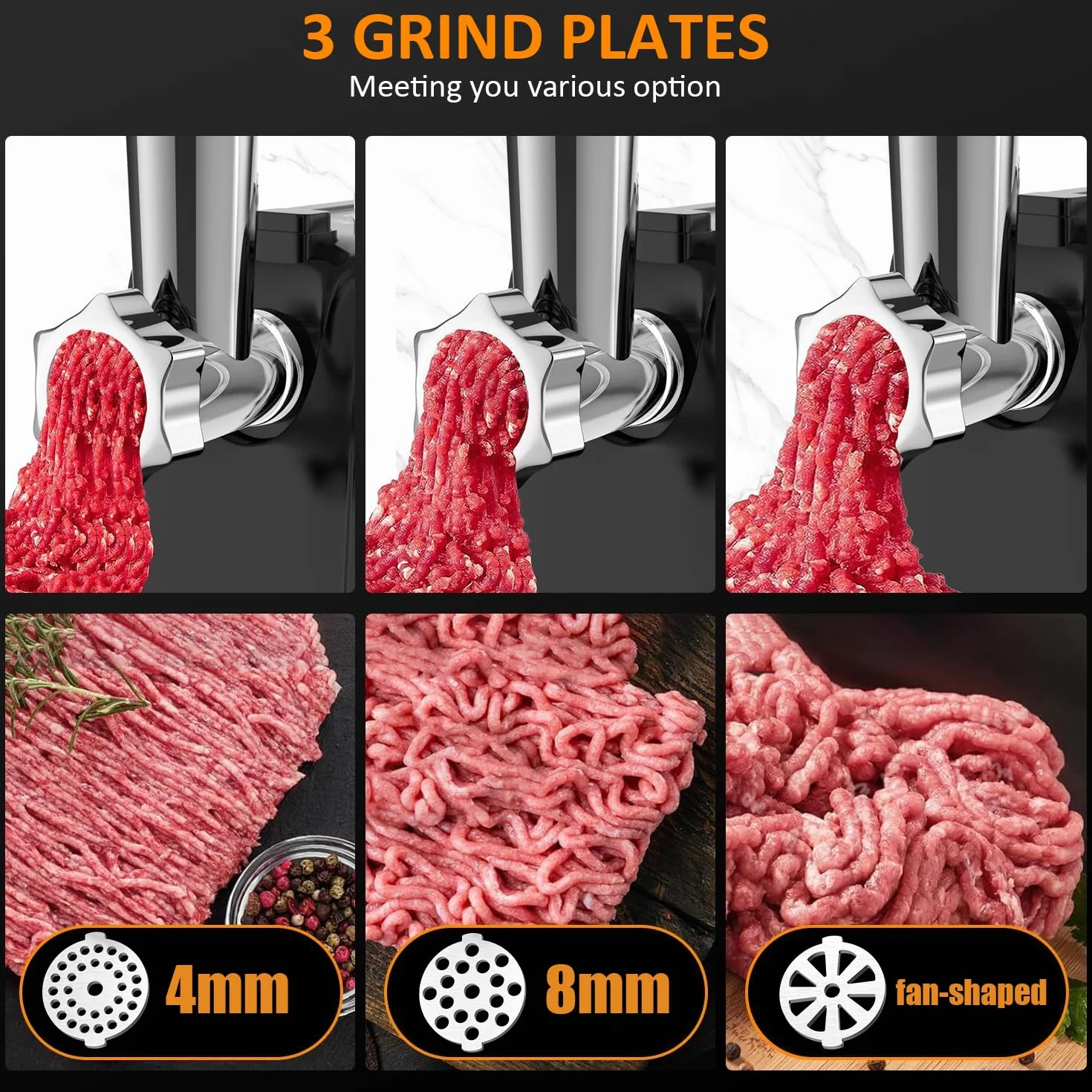 STANEW Hachoir a Viande Électrique Professionnel, 4 en 1 Hachoir à viande en acier inoxydabl, saucisses électrique avec 3 plaques en acier (4 mm, 8 mm, d'éventail) et 3 lames, 3500W Moteur en cuivre