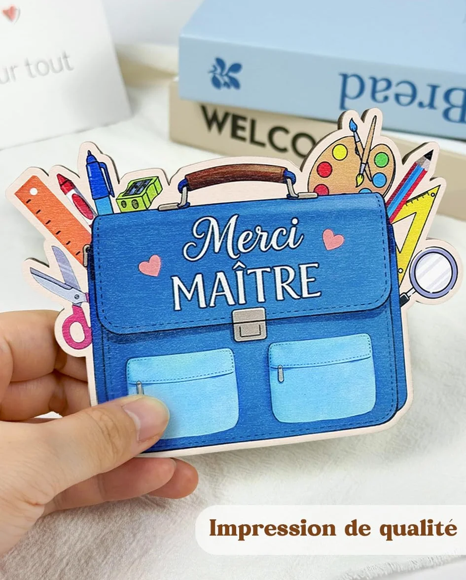 Magnet en Bois Merci Maitre d'école avec Carte de Vœux et Enveloppe, Cadeau Original Homme Professeur