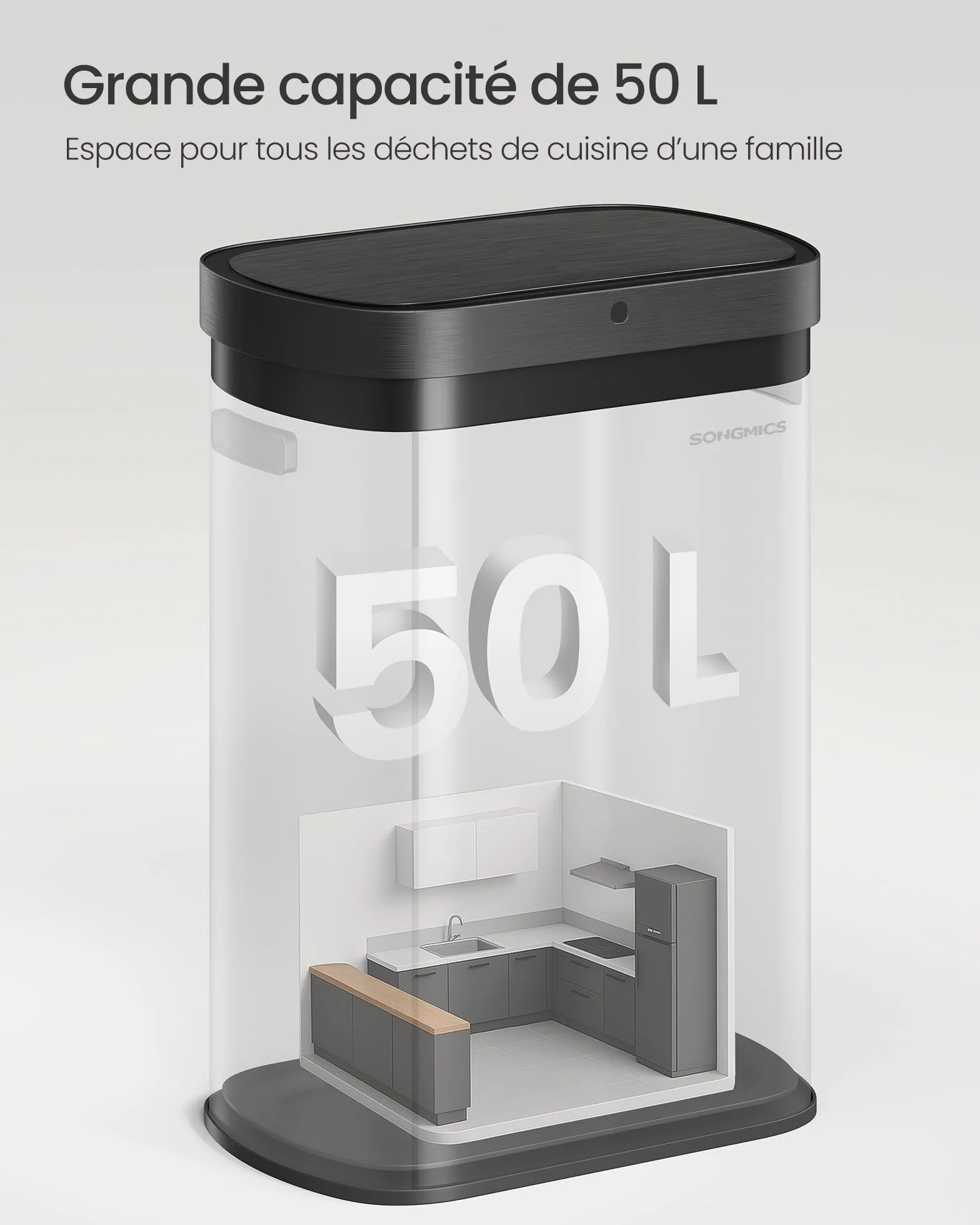 SONGMICS Poubelle de Cuisine Automatique 50 L, Capteur de Mouvement, Acier, Noir d'Encre LTB640B02
