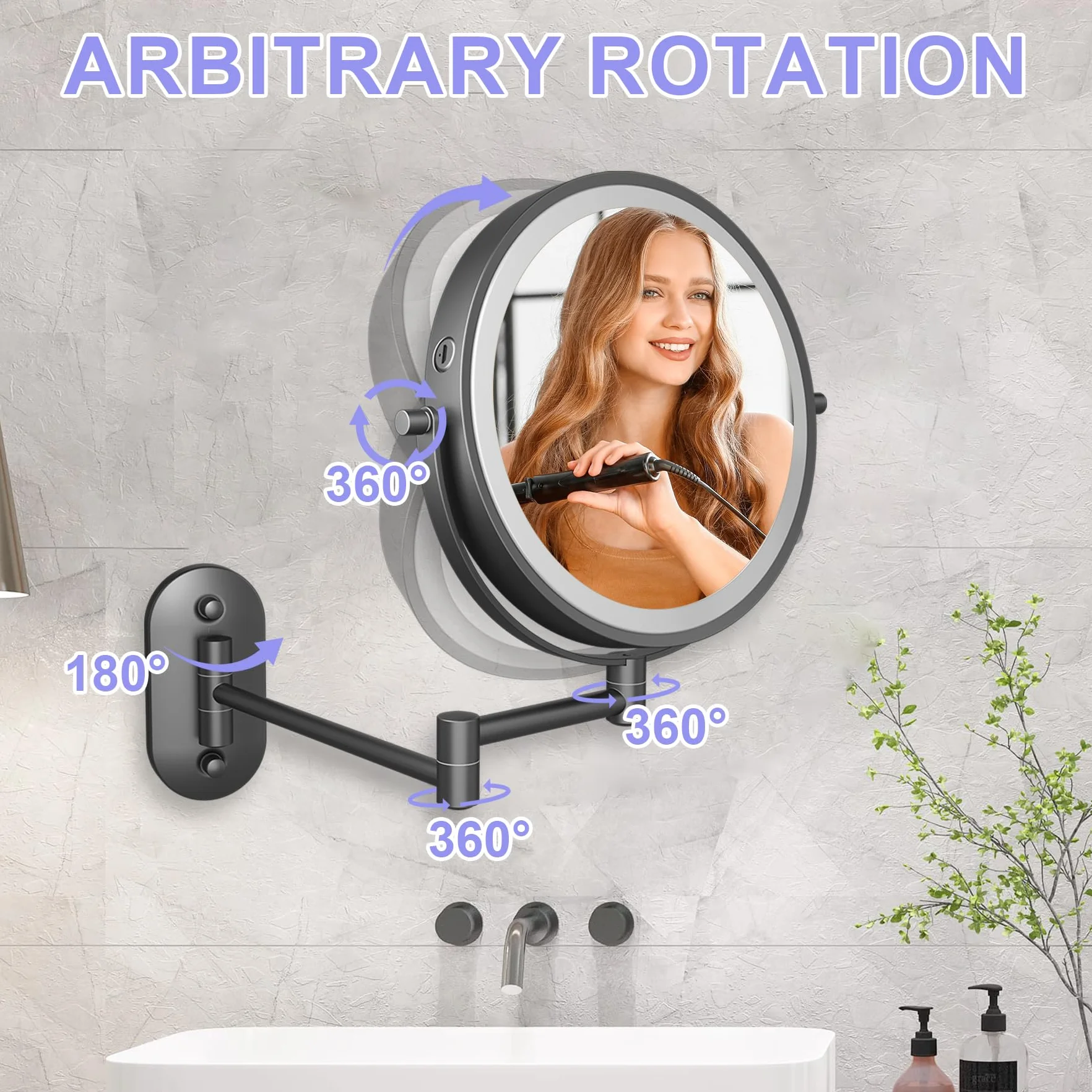 Miroir Grossissant Lumineux De 8" avec LED Grossissant Lumineux Mural X 10 pour Coiffeuse D'hôtel, Salle De Bain Et Rasage Rechargeable par USB,Miroir Mural Salle De Bain (noir-10X)