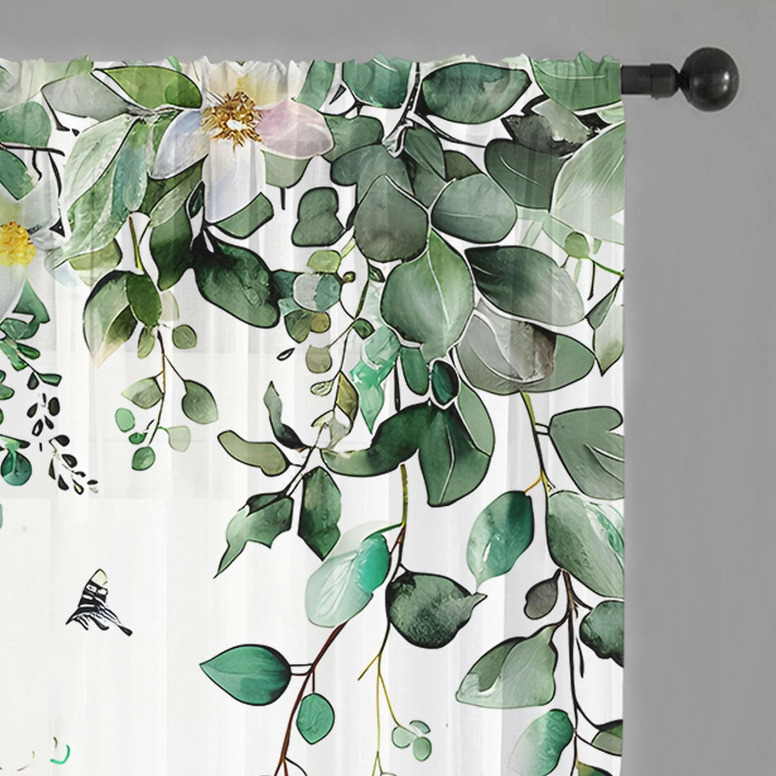 Rideau Voilage Semi Occultant Feuille Verte 3D avec Passe Tringle 2 Pièces Fenetre Décoration Salon Chambre