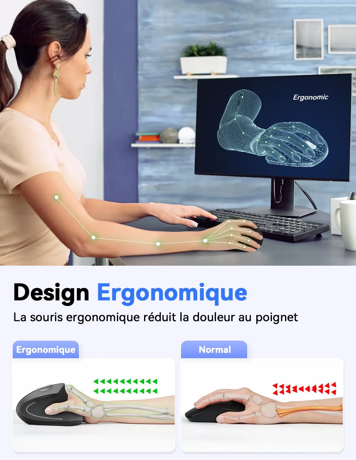 TECKNET Souris Ergonomique sans Fil 2.4G, Silencieuse Verticale 4800 DPI Réglable 6 Boutons LED