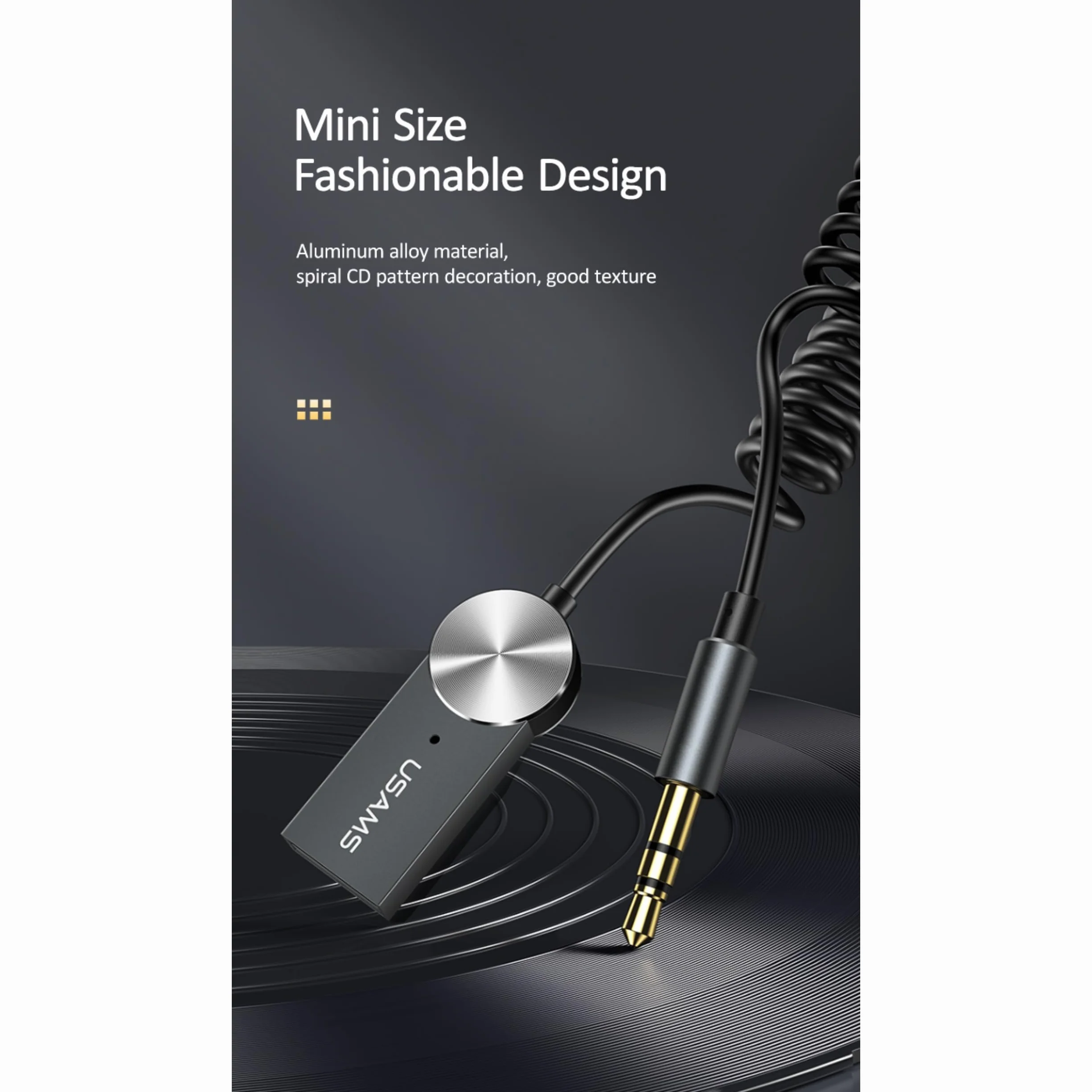 P4Y Bezprzewodowy Adapter Audio Samochodowy US-SJ464 złącze Jack 3,5 mm do gniazda AUX port USB Bluetooth 5.0 Wbudowany mikrofon Komunikaty głosowe Materiał: stop aluminium + ABS