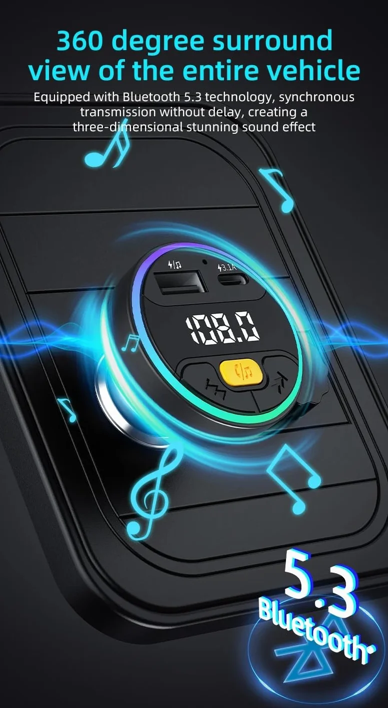 Samochodowy transmiter FM Bluetooth 5.3 Handsfree Wireless Car Kit USB C, ładowarka samochodowa, radio Fm, modulator MP3, adapter