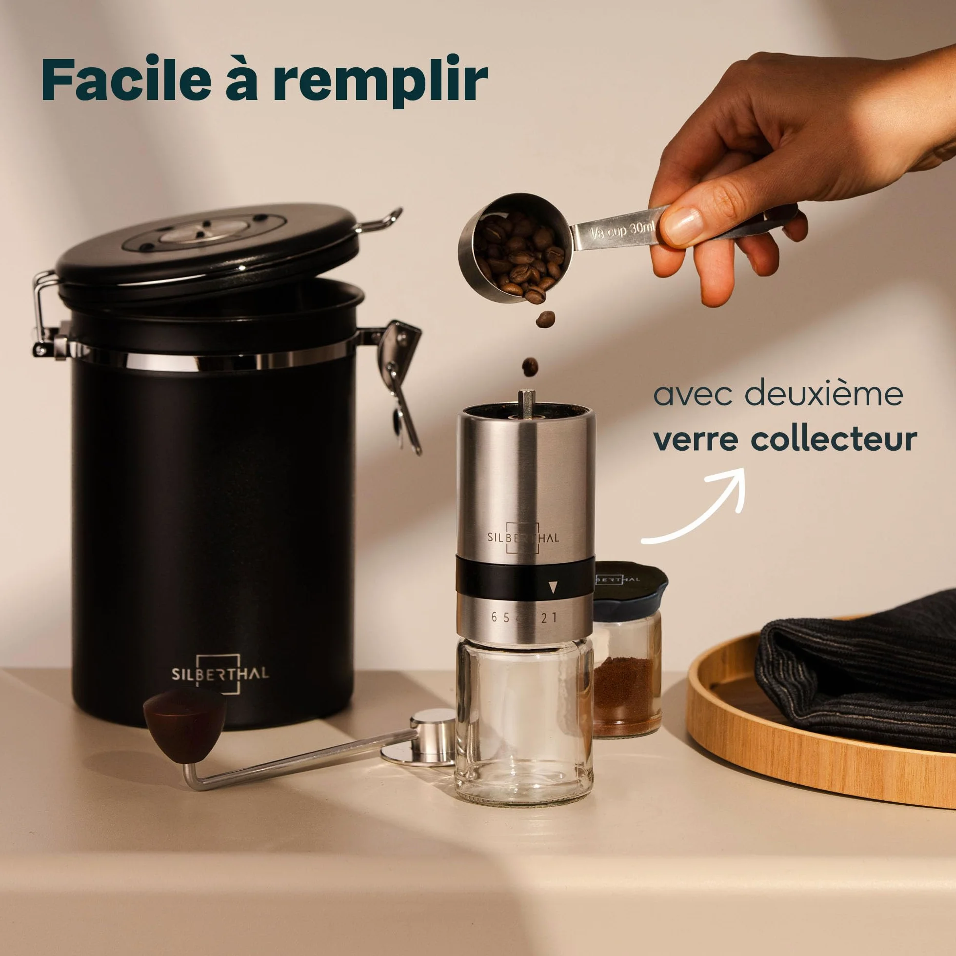 SILBERTHAL Moulin A Café Manuel - Acier INOX - 6 Niveaux Réglables - Broyeur Portable Grains De Café - avec Récipient De Stockage Et Brosse de Nettoyage