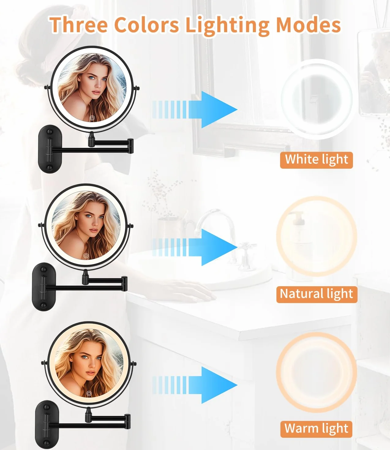 Jutyum Miroir cosmétique mural avec grossissement 1X/10X - Éclairage LED - Miroir de maquillage mural avec éclairage variable - 3 couleurs - Noir