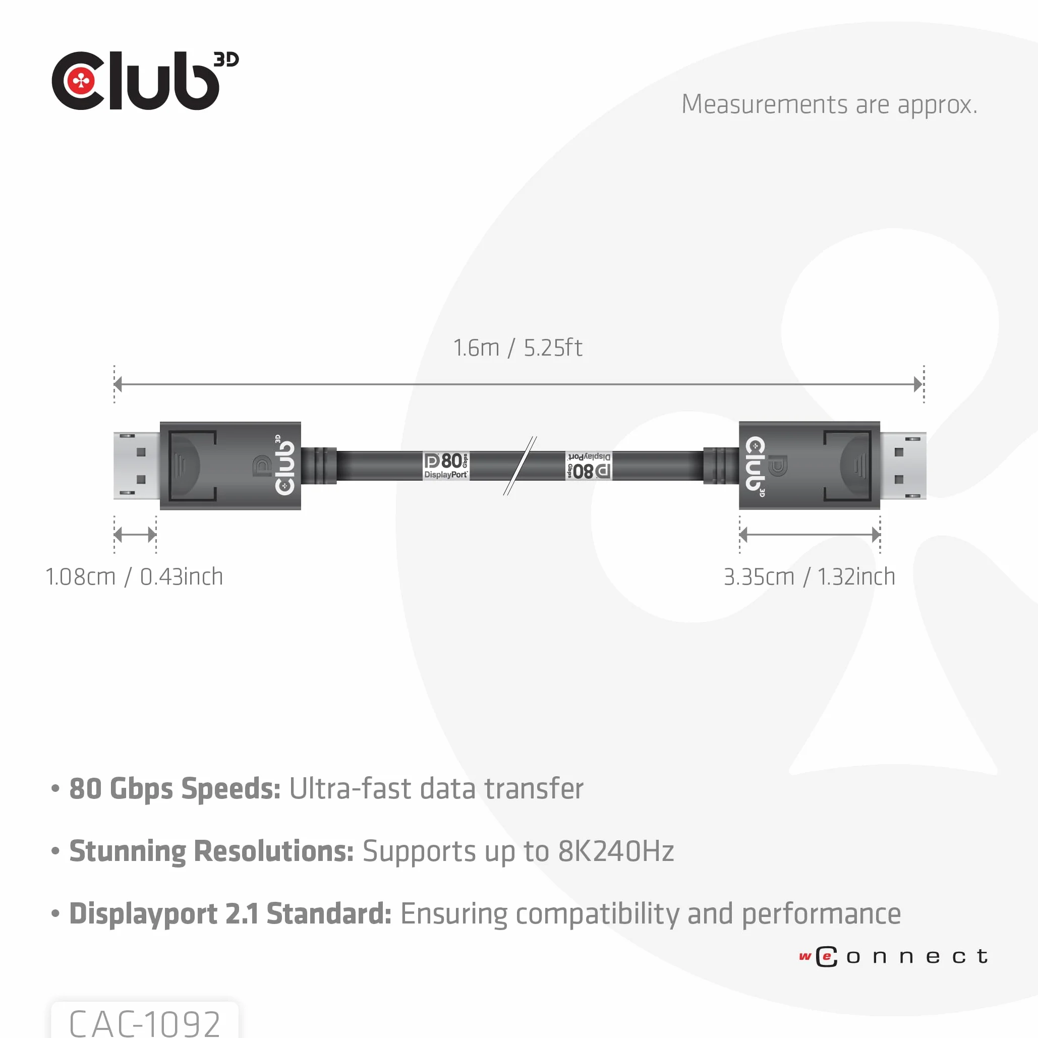 Club3D CAC-1092 DisplayPort™ 2.1 dwukierunkowy kabel VESA DP80 certyfikowany 4K240Hz, 8K60Hz lub 10K60Hz M/M 1,6 m