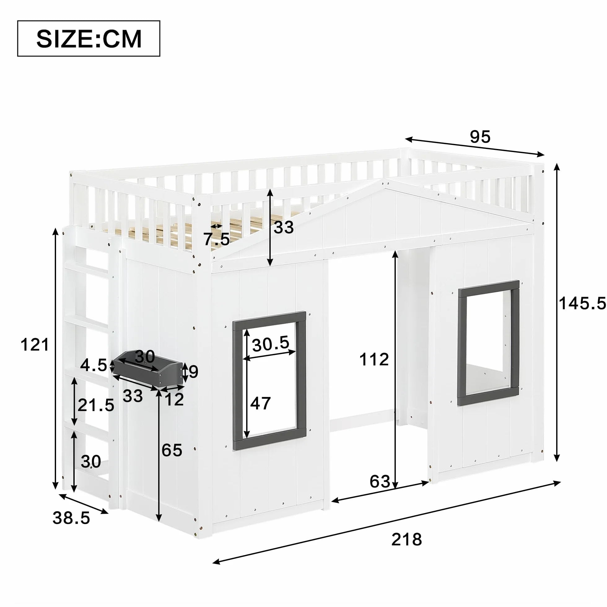 Lit cabane Enfants 90x200 avec Escalier, Lit Enfant avec Fenêtre et Rangement Sous le Lit Modulable, Lit Superposé Enfant Simple avec Barrière Anti-Chute et Rambarde, Structure en pin et MDF, Blanc