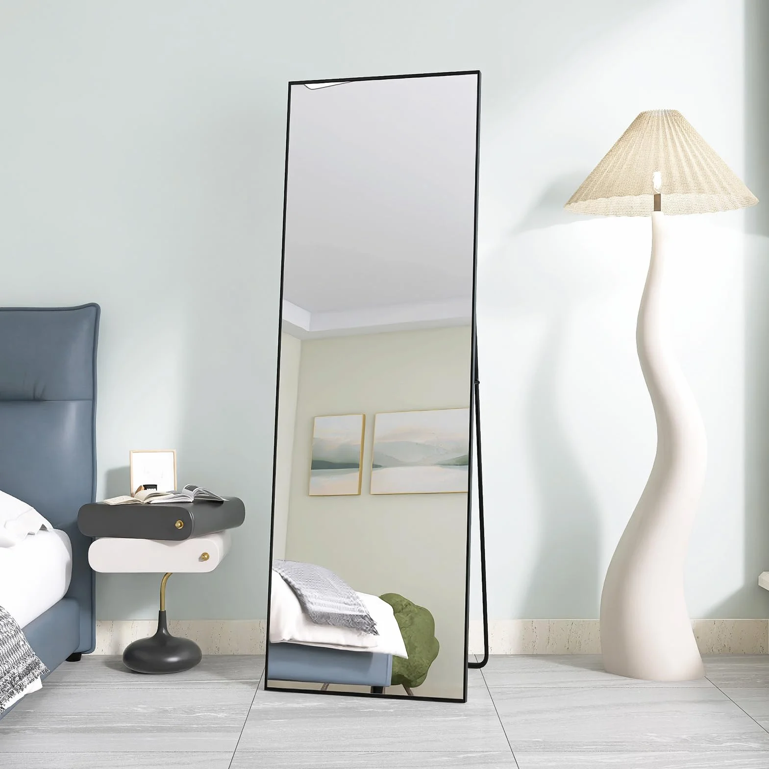 PerGar Grand Miroir Mural Moderne sur Pied, à Poser ou à Suspendre, avec Cadre en Aluminium, pour Salon et Chambre à Coucher, Noir, 165 x 60 cm