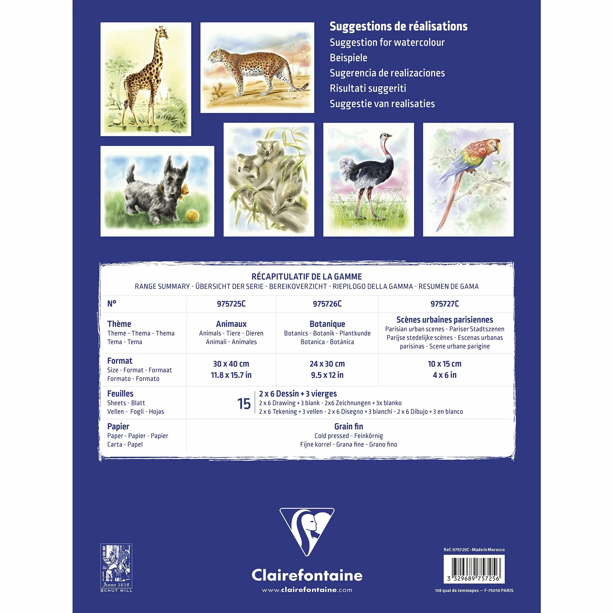 Clairefontaine 975725C Bloc Collé Aquarelle Prédessiné 30x40 cm 300g 15 Feuilles Animaux