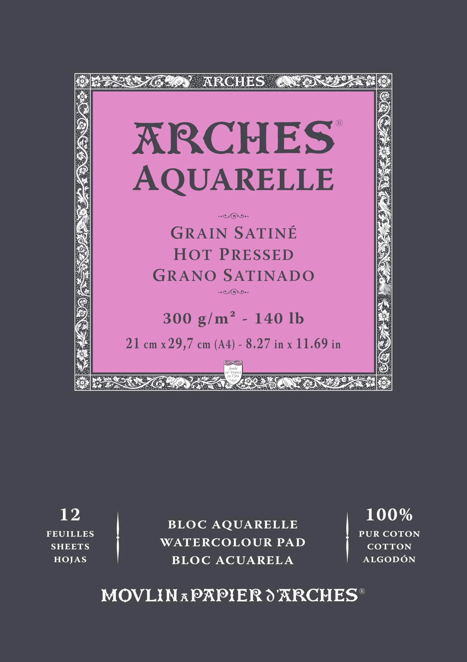 ARCHES Aquarelle Bloc 12 feuilles 21x29,7 300g/m² grain satiné blanc naturel 4 bords francs