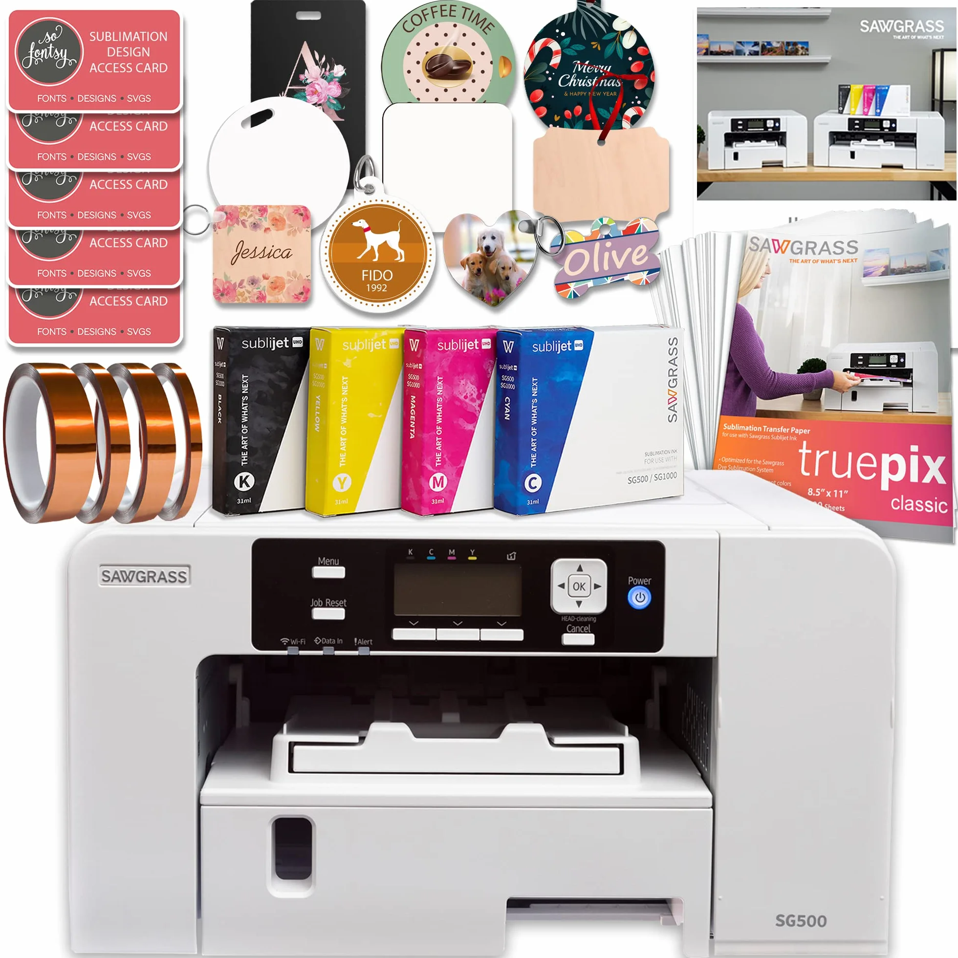 Sawgrass UHD Virtuoso SG500 Ensemble de démarrage imprimante sublimation avec encres papier ruban adhésif vierges motifs contenu exclusif blanc