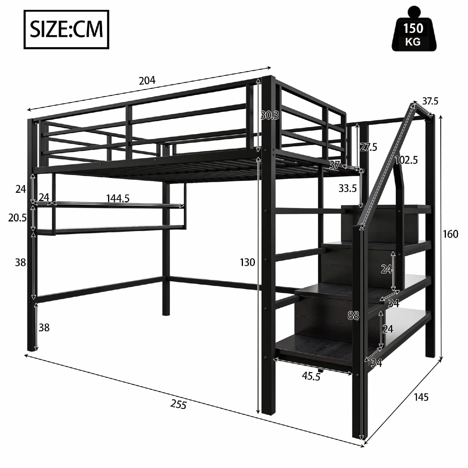 PUGSDRLY Lit Mezzanine 2 Place,Lit Mezzanine Enfant 140x200cm,lit superposé avec Escalier de Rangement et étagères,Design de Clôture Haute,pour Enfant et Adolescent (Noir)