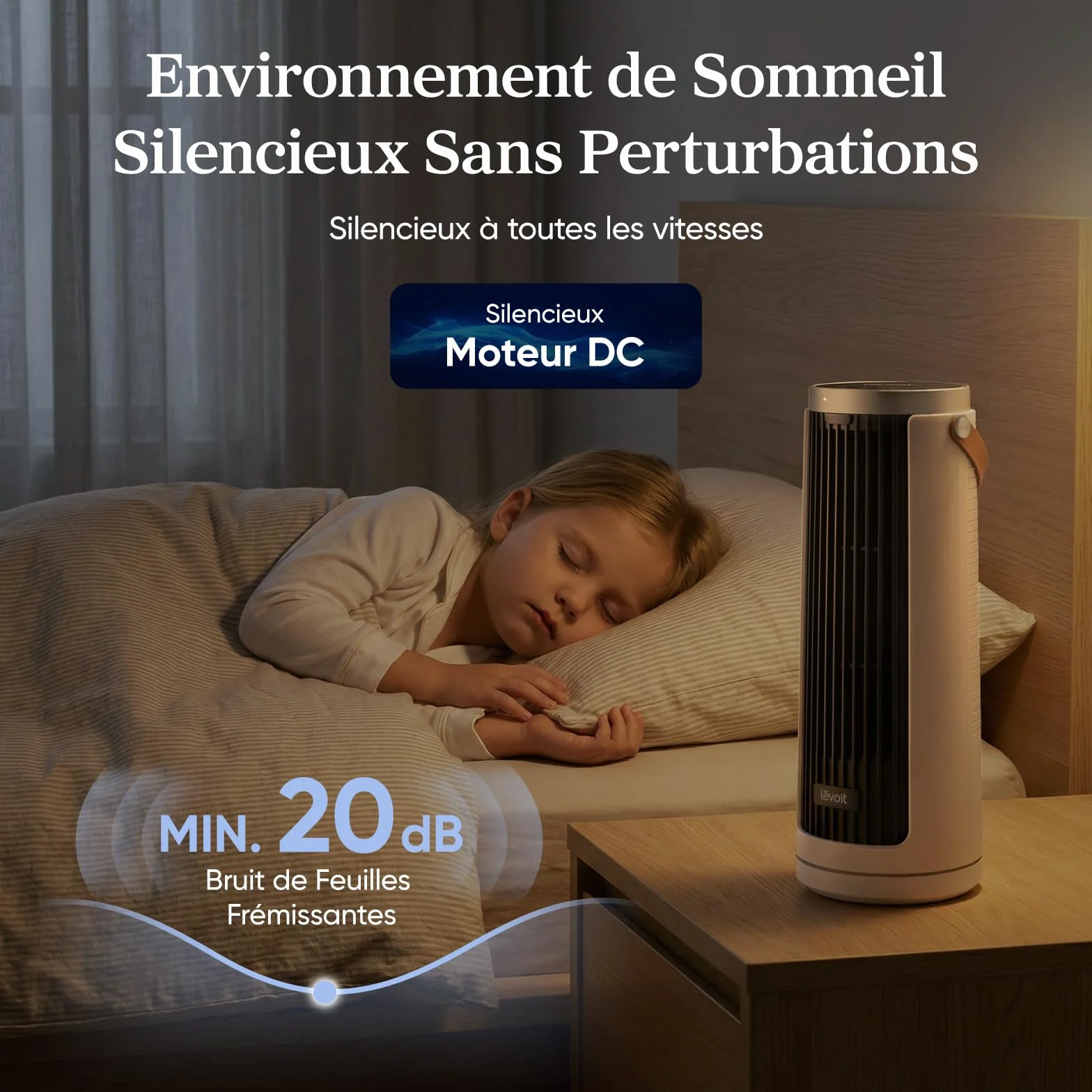 Levoit Windi Mini Ventilateur Colonne Silencieux 20 dB Moteur DC 7 m/s 4 Vitesses Oscillation 90° Minuterie 12H Télécommande