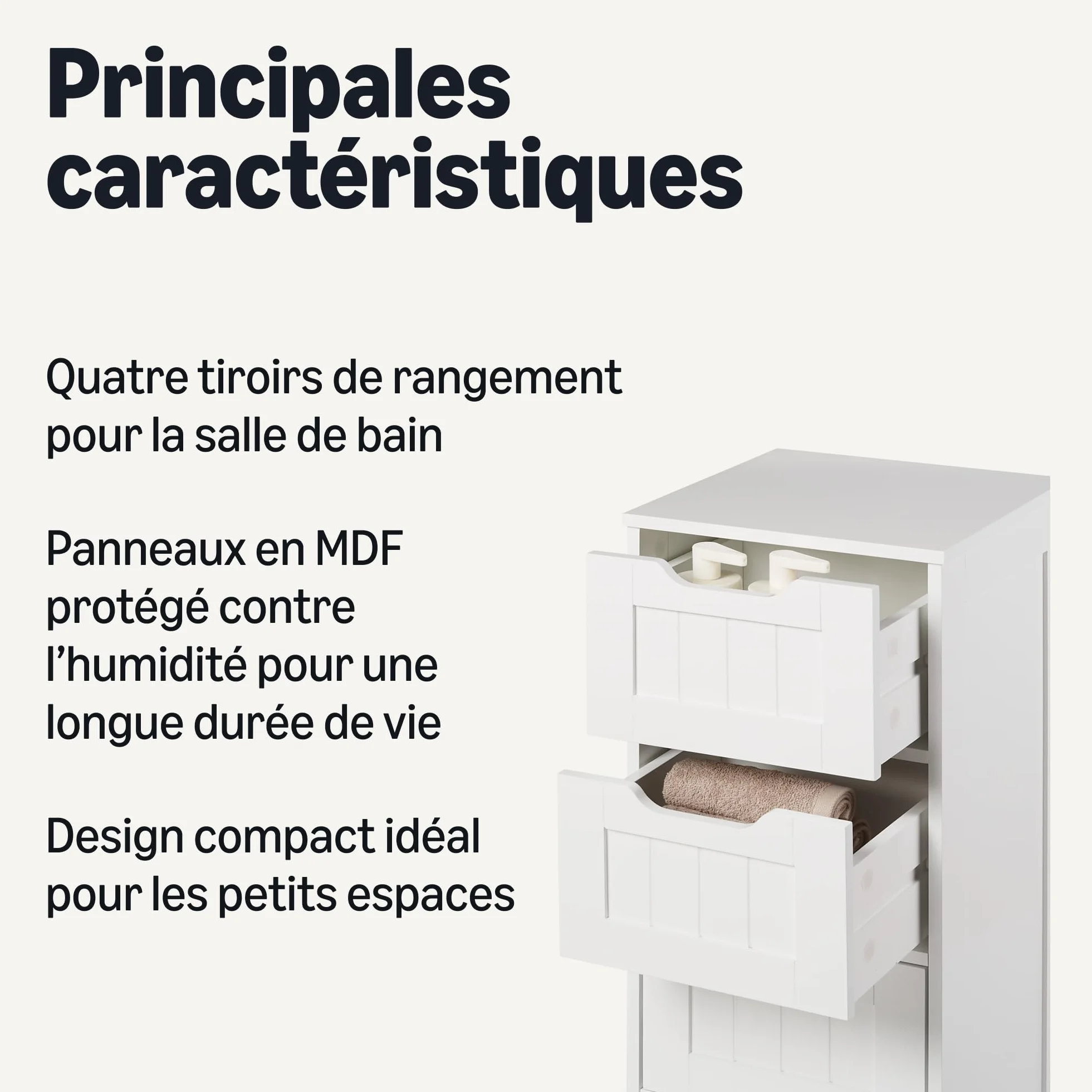 Amazon Basics Meuble de Rangement de Salle de Bain avec 4 tiroirs, Rangement sous évier, Construction MDF, Blanc, 30cm x 30cm x 82cm