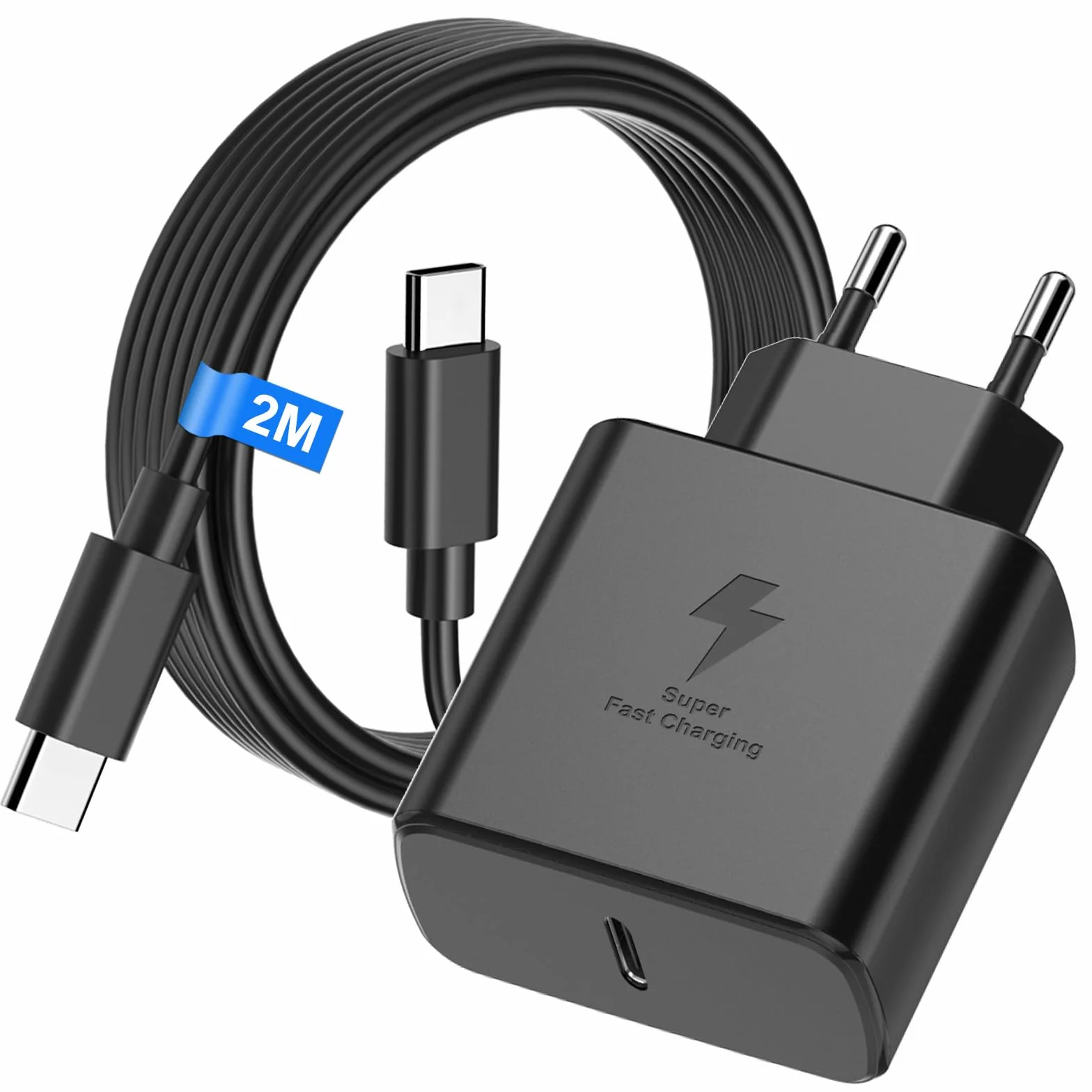 Szybka ładowarka USB-C 45W do Samsung Galaxy S25/S25 Ultra/S24/S24 Ultra/S23/S23 Ultra/S22/S21/A55/A54/A15/A56/A26/A54/A53, zasilacz ścienny z 2-metrowym czarnym kablem USB-C do szybkiego ładowania