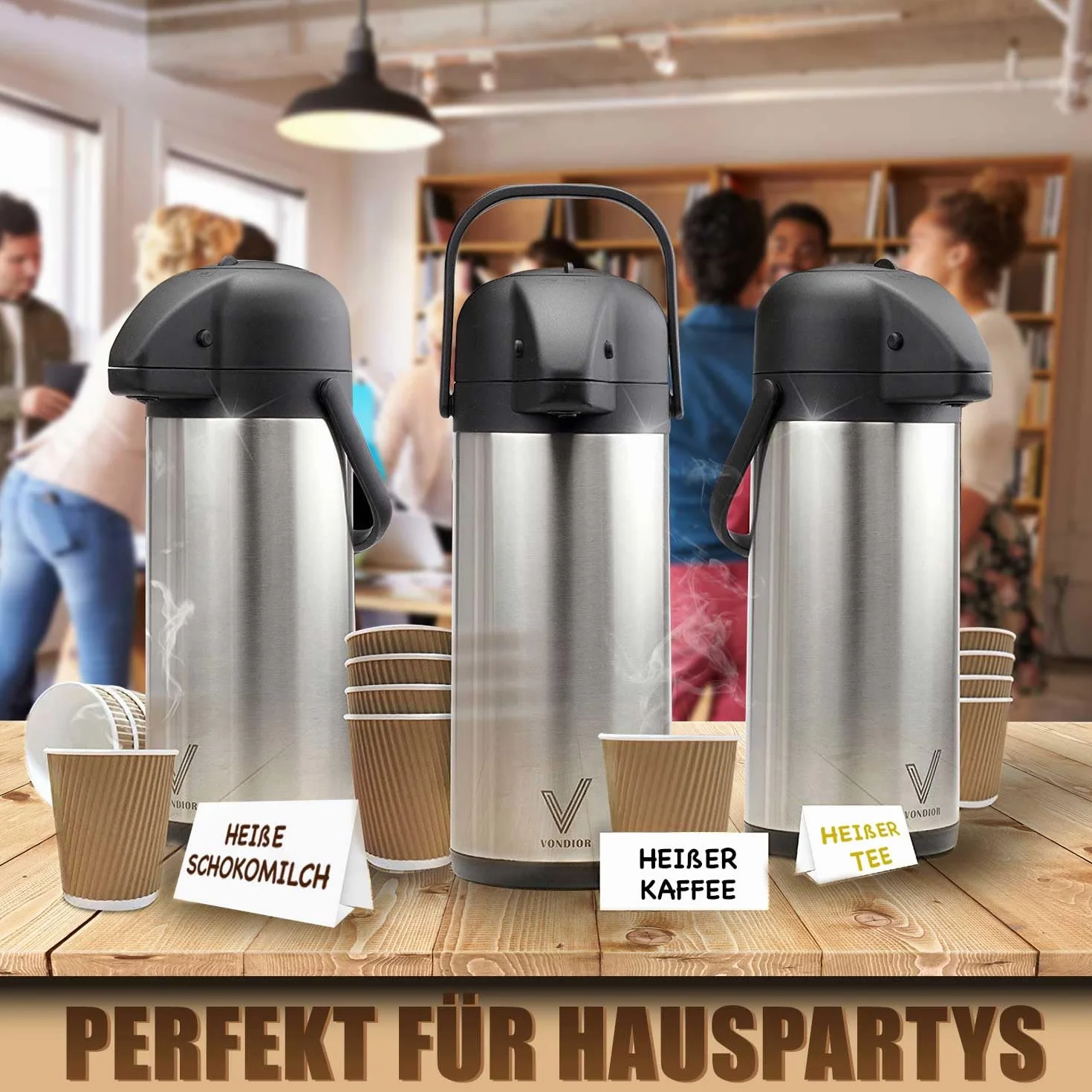 Vondior Carafe à café thermique 2,5 L, cafetière à pompe isolée en acier inoxydable, théière sous vide pour eau chaude/froide, boissons au chocolat de fête