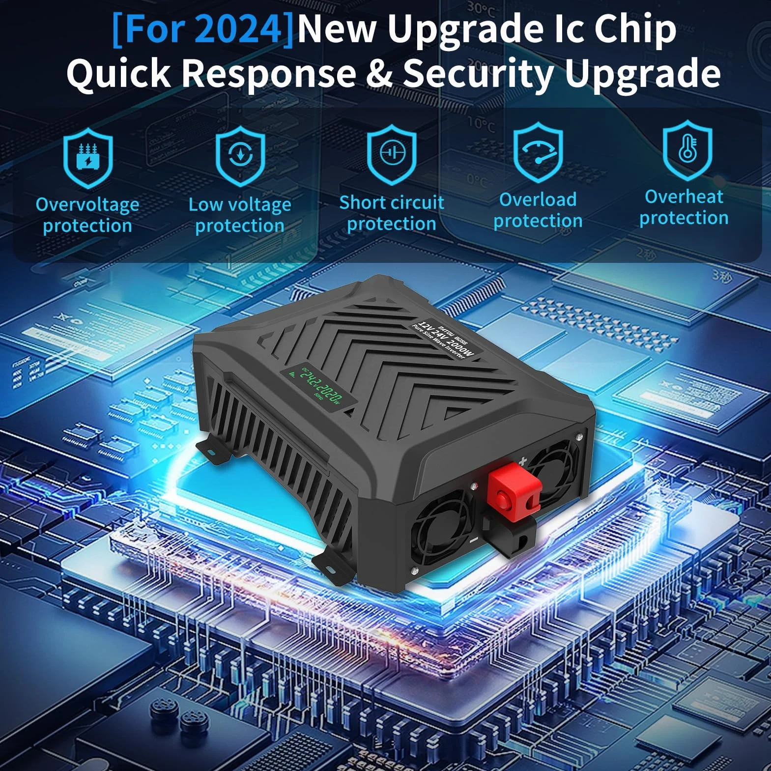 DATOUBOSS 2. generacji uniwersalna przetwornica napięcia 12V/24V na 230V 2000W/4000W czysta sinusoida z inteligentnym systemem rozpoznawania, Falownik Czysty Sinus z wyświetlaczem LCD, 2 gniazdami EU