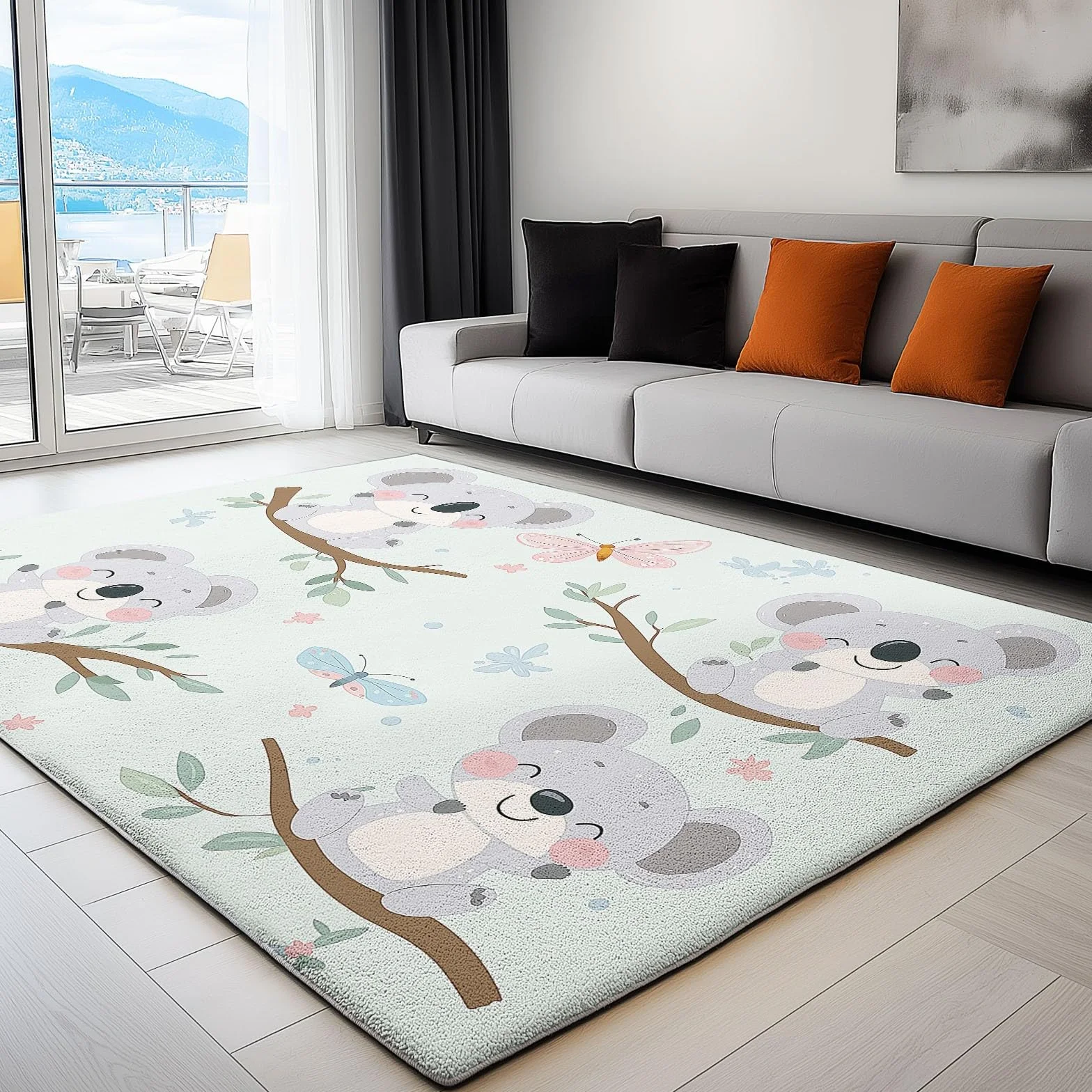 Tapis Lavable en Machine Ours Koala Motif Dessin Animé 60 x 110 cm Salon Chambre Salle à Manger Cyan Clair