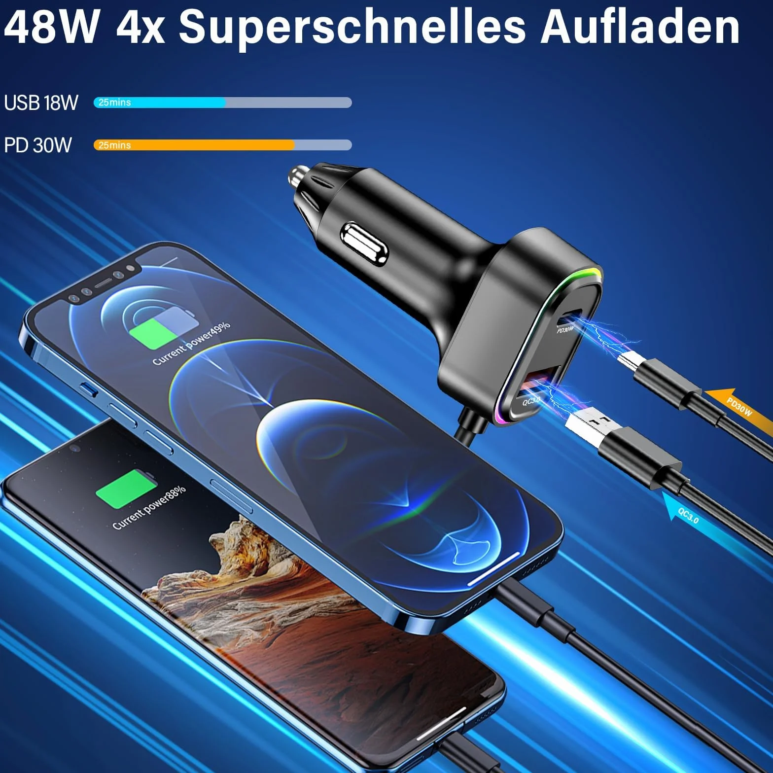Adapter Bluetooth samochodowy transmiter FM ze światłem RGB – zestaw głośnomówiący Bluetooth 5.3, PD30W USB-C i QC3.0, ładowarka samochodowa, adapter Bluetooth do iPhone Android radio samochodowe
