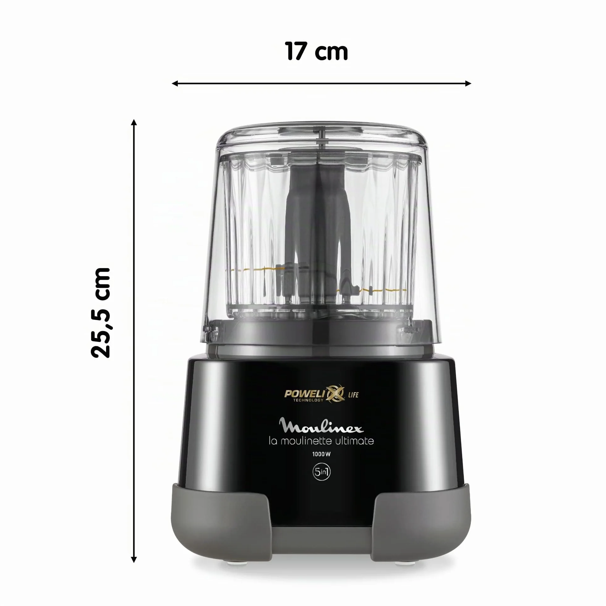 Moulinex 1,2,3 DP8108 - Hachoir électrique 1000 W, 2 lames Powerlife, capacité de jusqu'à 350 g/550 ml, couvercle hermétique, système de protection contre la surchauffe, compact, noir