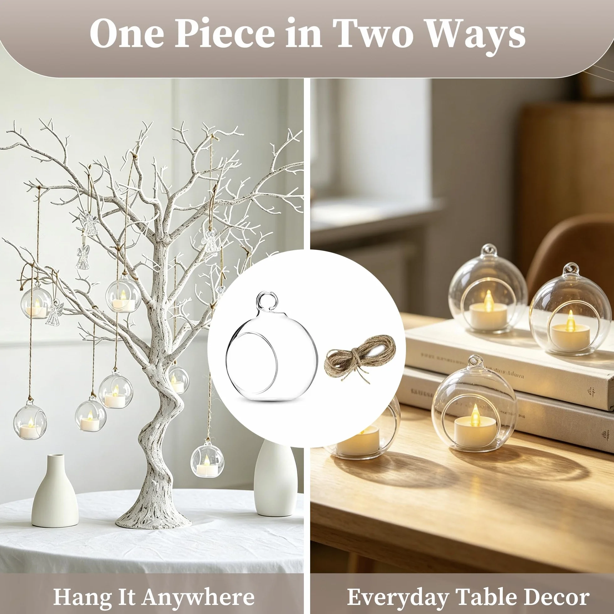 Sziqiqi 24 Pièces Bougeoir en Verre Suspendu de Bougies LED, 8cm Boules de Verre Creatives Décoration Aux Chandelles pour Table de Mariage Fête Décorations de Noël Anniversaire Bougeoir Decoratif
