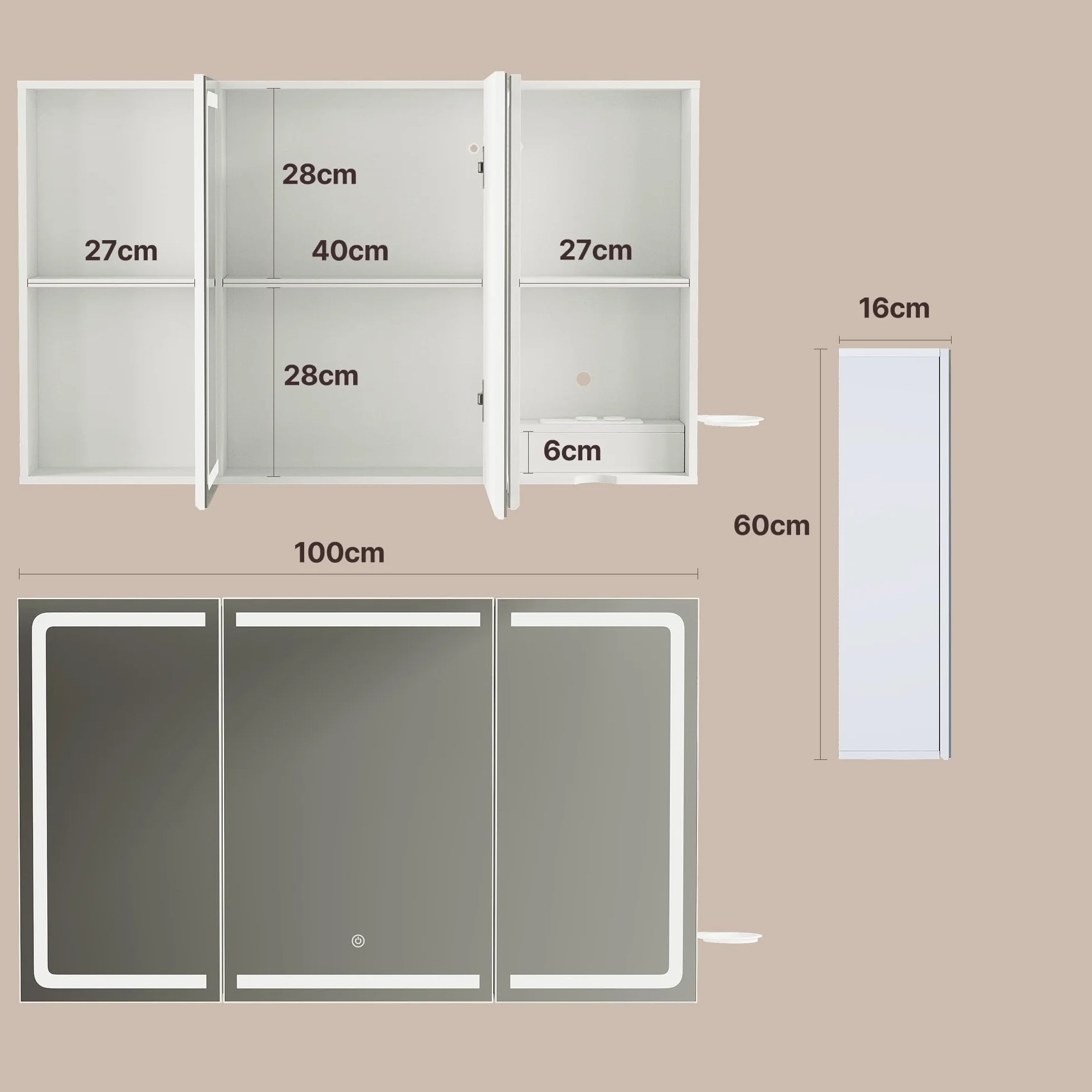 Xbro Armoire de Salle de Bain avec éclairage LED 100 × 16 × 60 cm avec Prise, étagère latérale, Portes Miroir réglables, Blanc