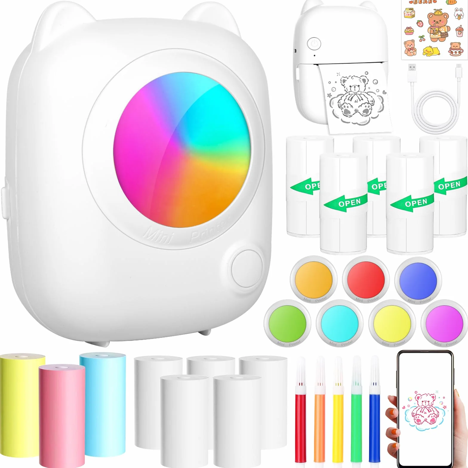 Mini Imprimante Photo Portable, Imprimante Thermique Instantanée sans Fil Bluetooth avec 14 Rouleaux de Papier pour iOS & Android