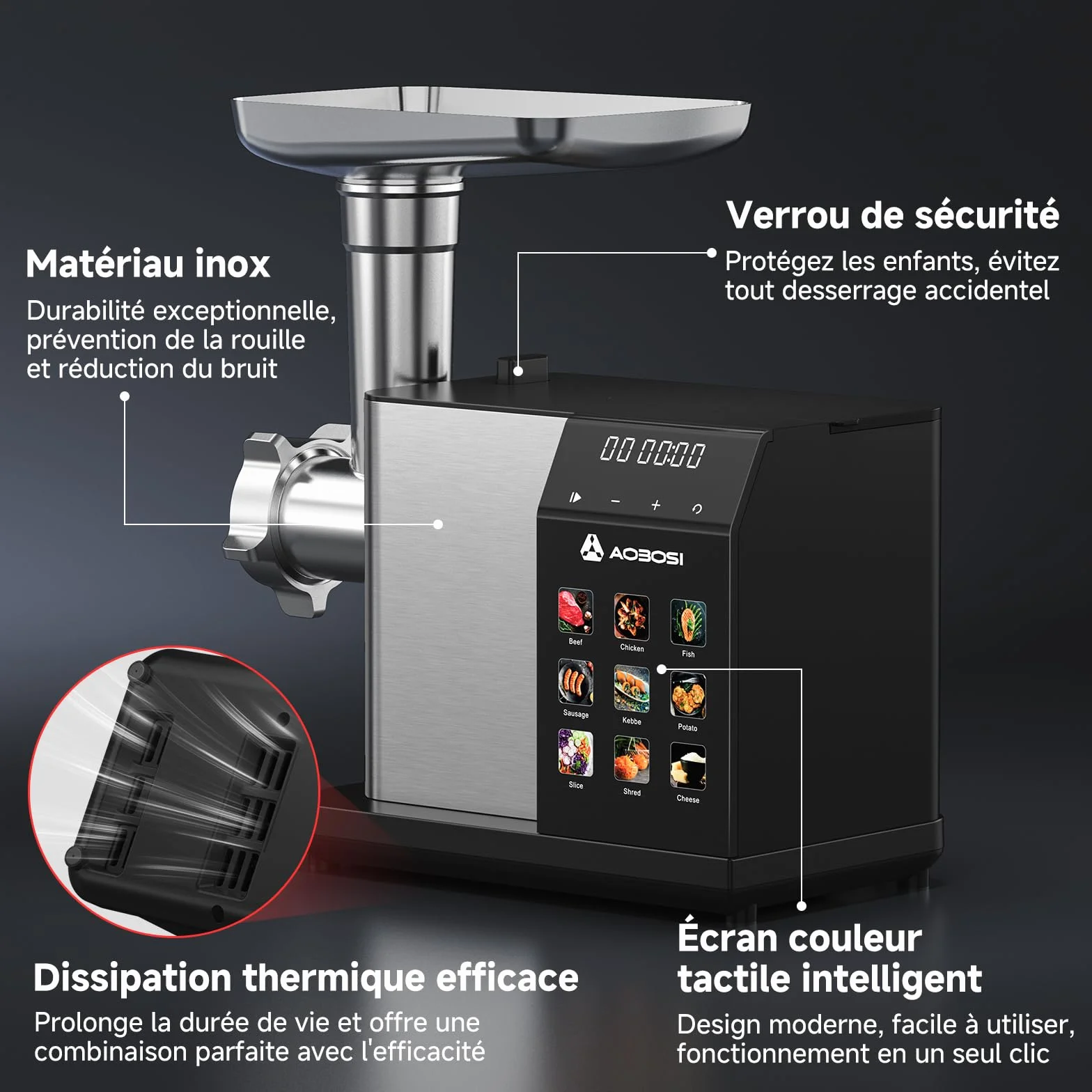 AAOBOSI Hachoir À Viande Électrique [3000W Max] - Avec Écran LED & 9 Réglages de Vitesse - Récipient de Stockage Intégré - Accessoires à Trancher, Saucisses et Kibbe Inclus - Pour Usage Domestique
