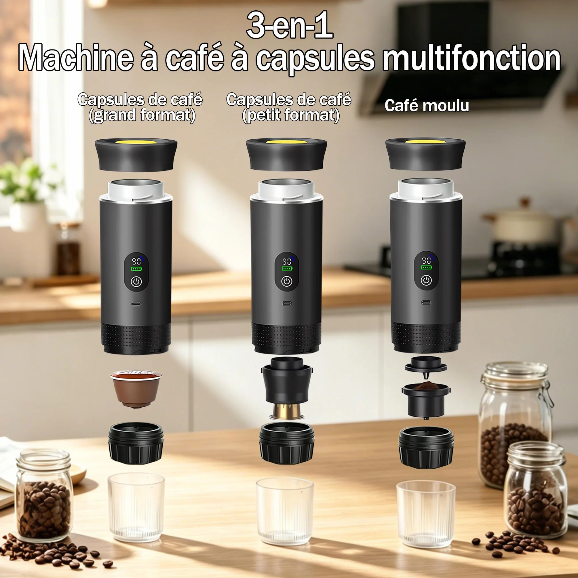 Machine à Cafe Portable,3 En 1 Cafetière à Expresso Chauffage Électrique,Rechargeable,Pour Camping et Voiture,Chauffage Rapide,compatible avec Capsules K-Cup et café moulu,Pour voyage