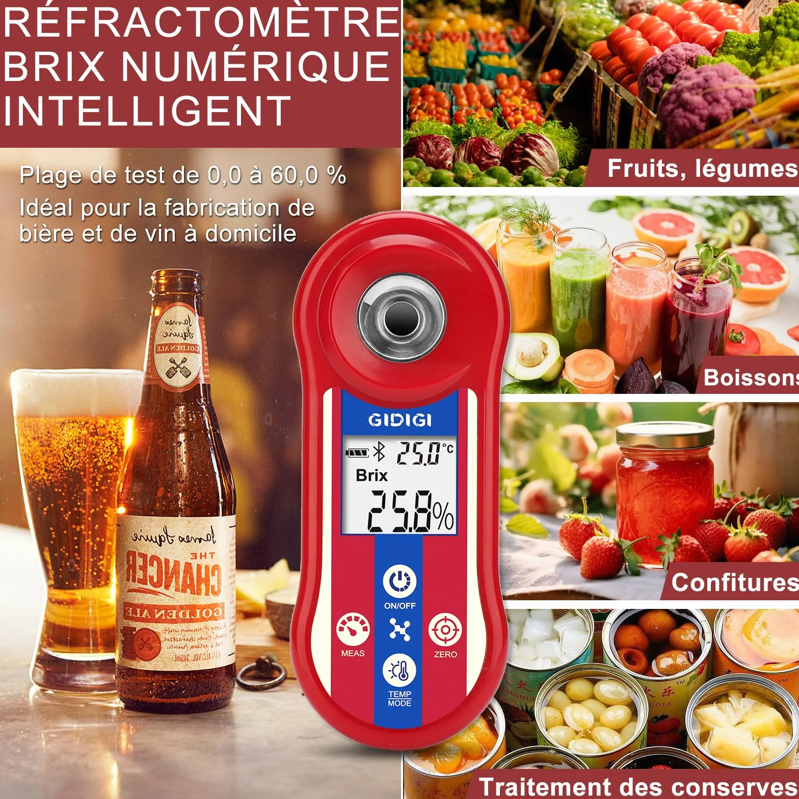 Réfractomètre numérique Brix et testeur de salinité, Compteur de Sucre Brix Intelligent, réfractomètre de sel avec ATC, Plage Brix 0,0-60% pour Le Brassage de Fruits, de vin et de bière