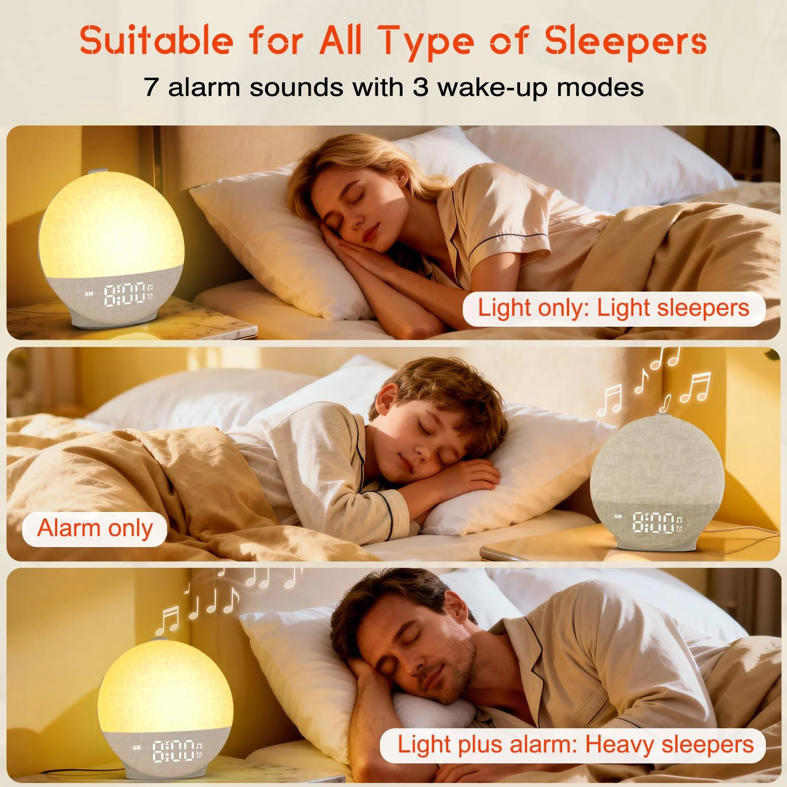 Réveil Lumineux Simulateur d'Aube, Lampe de Chevet LED avec 30 Sons, 12 Couleurs, Snooze, Minuteur