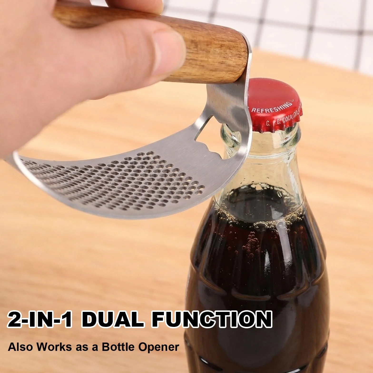 Presse Ail Inox avec Manche Ergonomique en Bois, 2-en-1 Écrase Ail et Décapsuleur, Inclus Éplucheur Silicone