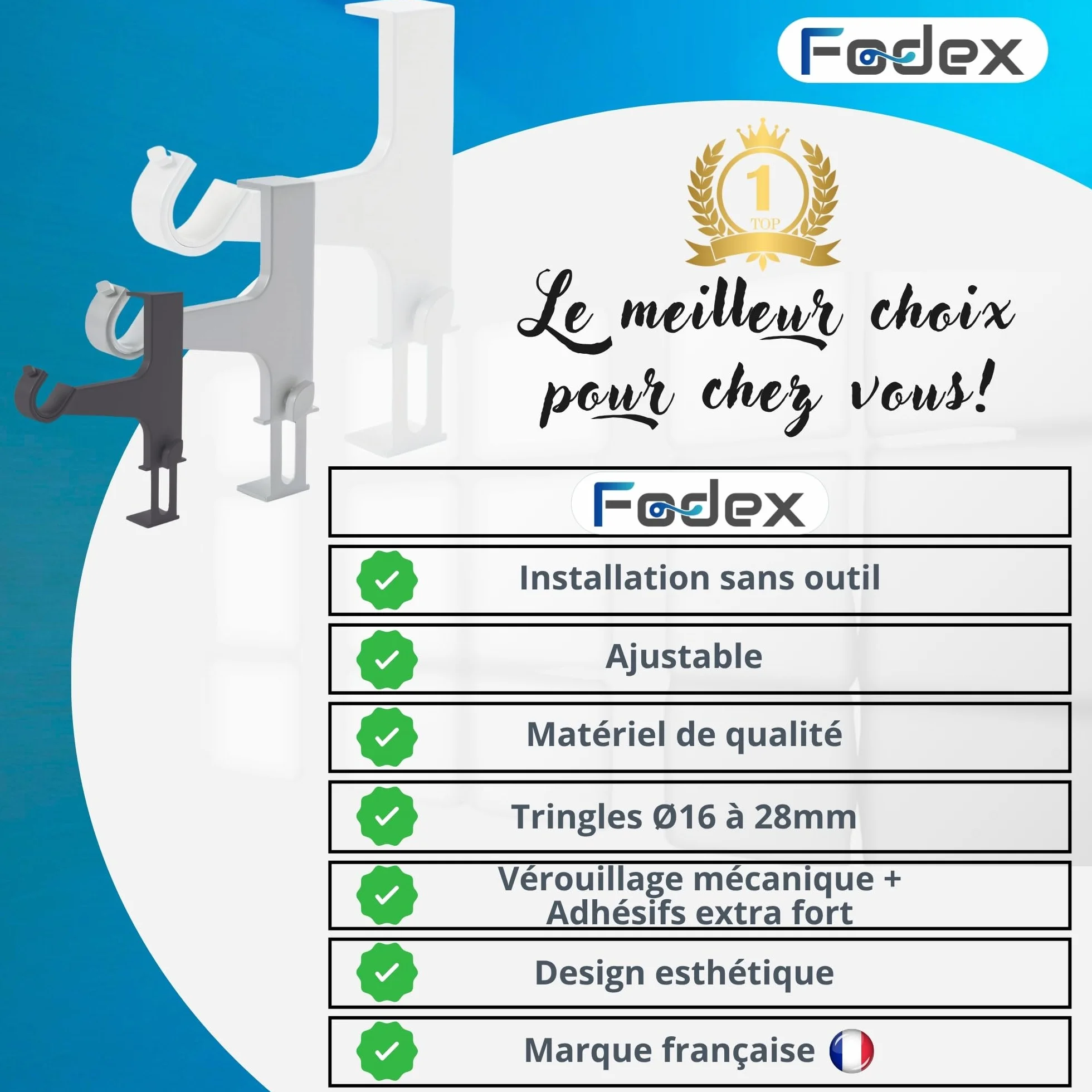 FODEX Ensemble de 2 Supports pour Tringle à Rideaux Sans Perçage, Métal, Ø16-28mm, Coffre Volet Roulant, Blanc