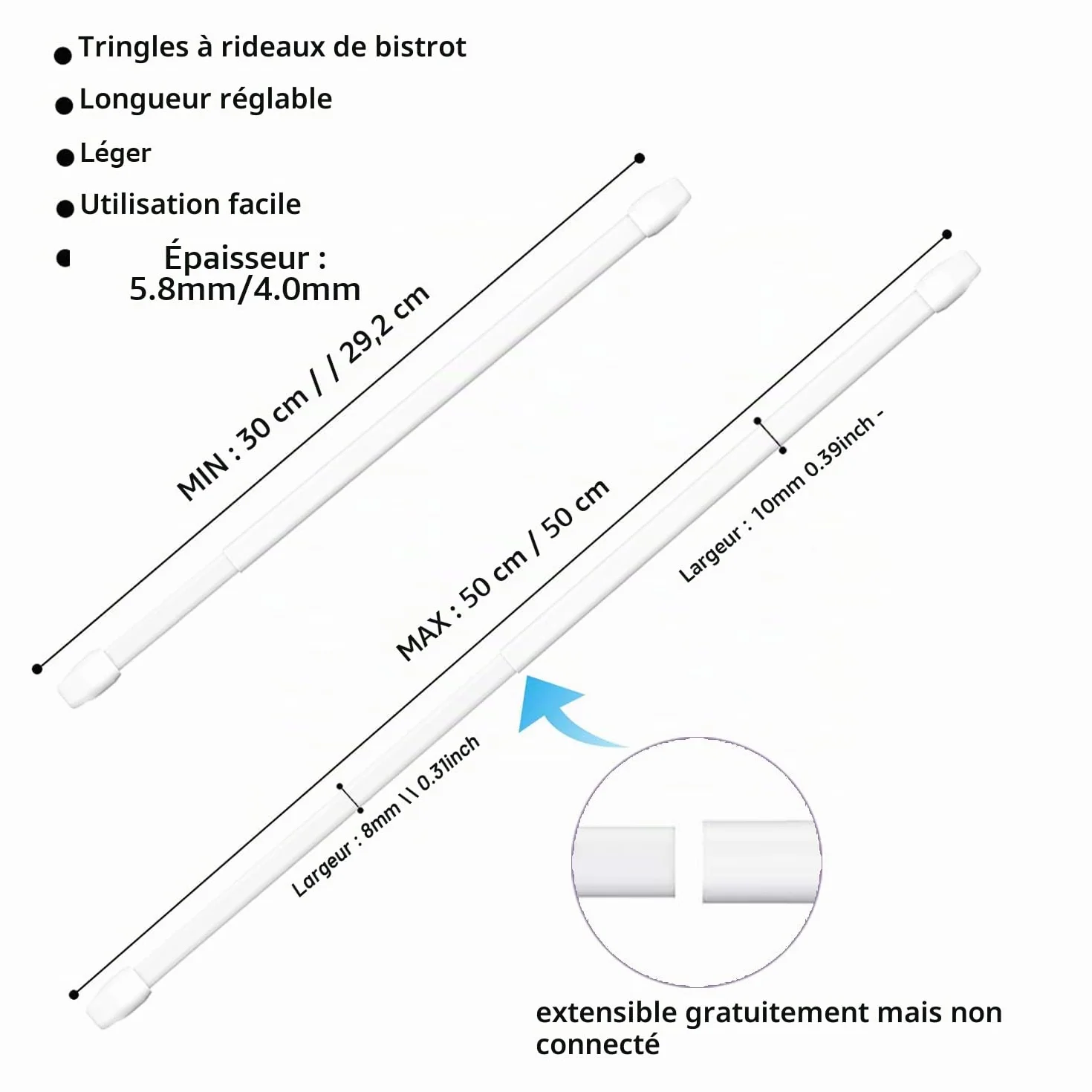 Tringle a Rideaux Extensible Sans Percage Réglable 30-50CM Blanc 2 Pièce