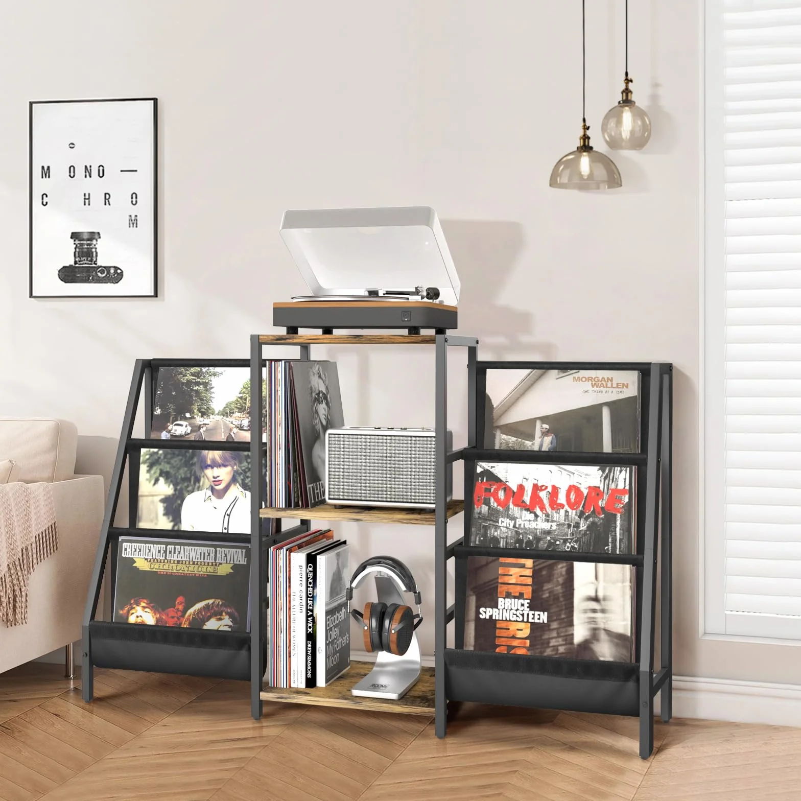 Bikoney Meuble Platine Vinyle avec Rangement pour 280 Albums, Support de Tourne-Disque avec Étagères de Stockage, Table pour Lecteur Vinyle et Système Stéréo, Style Rétro pour Salon