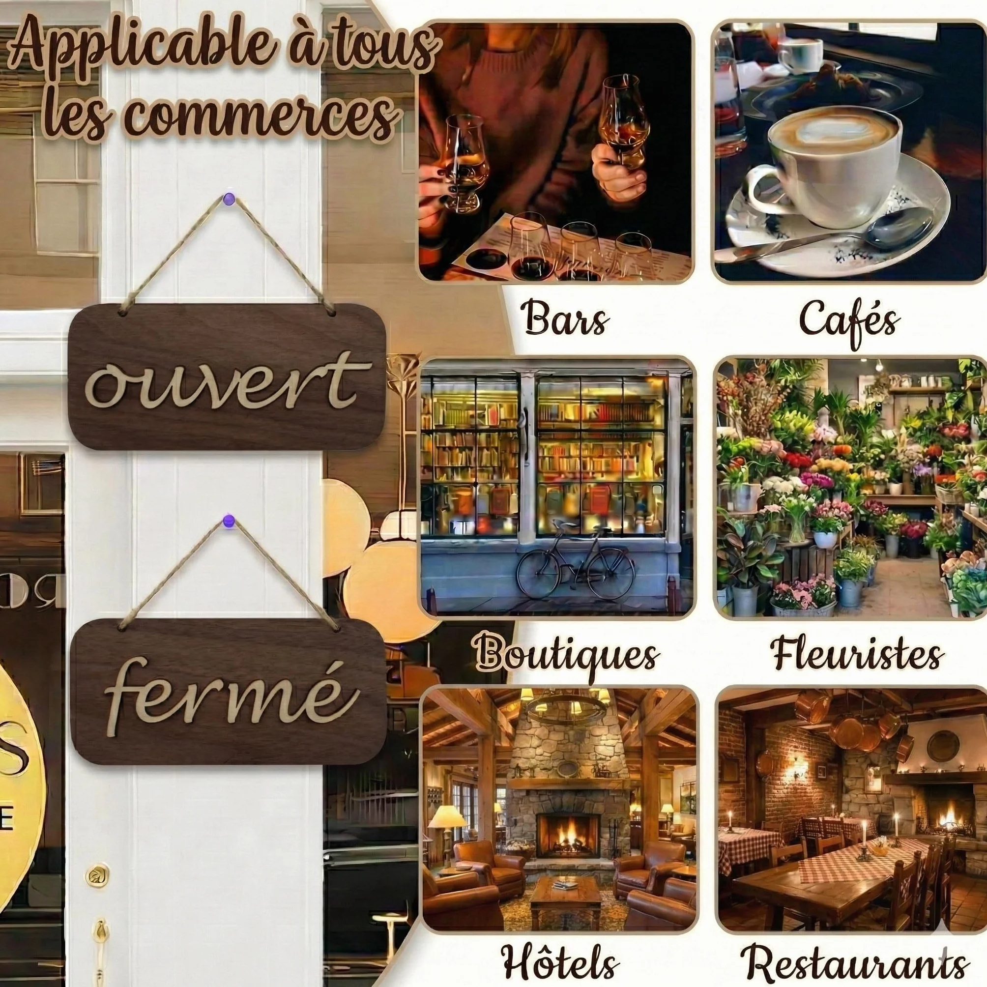 Panneau Ouvert Fermé Magasin Bois Design Original Fait Main Ventouse Incluse Porte Vitrine