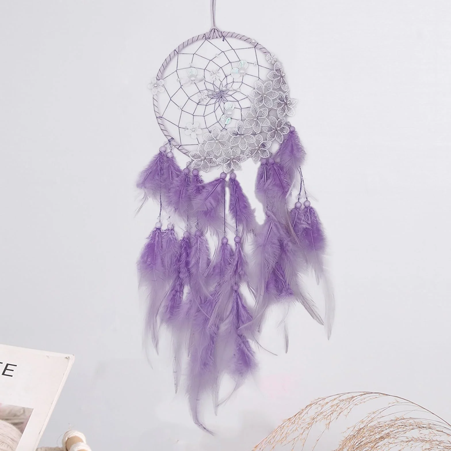 Attrape Rêve Géant Violet avec Plumes, Handmade Capteur de Rêves Décoration Murale