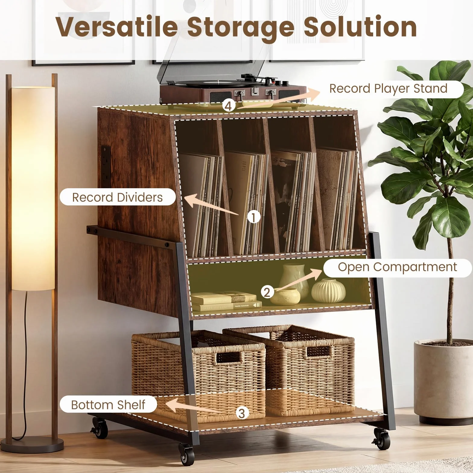 KOMFOTTEU Meuble Platine Vinyle avec Roulette, Support de Tourne-Disque, Compartiments & Étagère inférieure, Meuble Tourne-Disque, 54 x 57 x 76,5 cm (Marron, avec Station de Recharge)
