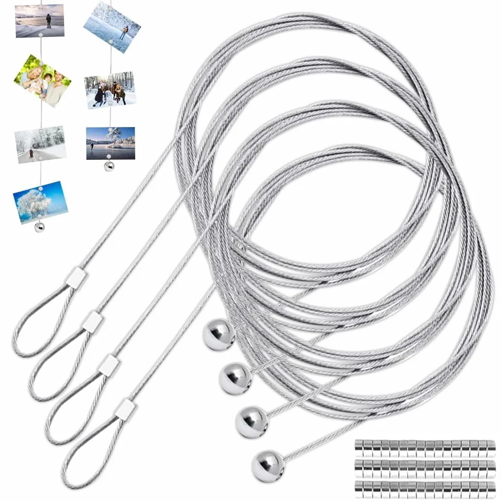 Câble Acier Photo 4 Pièces Fil Suspension 48 Aimants 2 m x 1,5 mm pour Carte Postale Mur