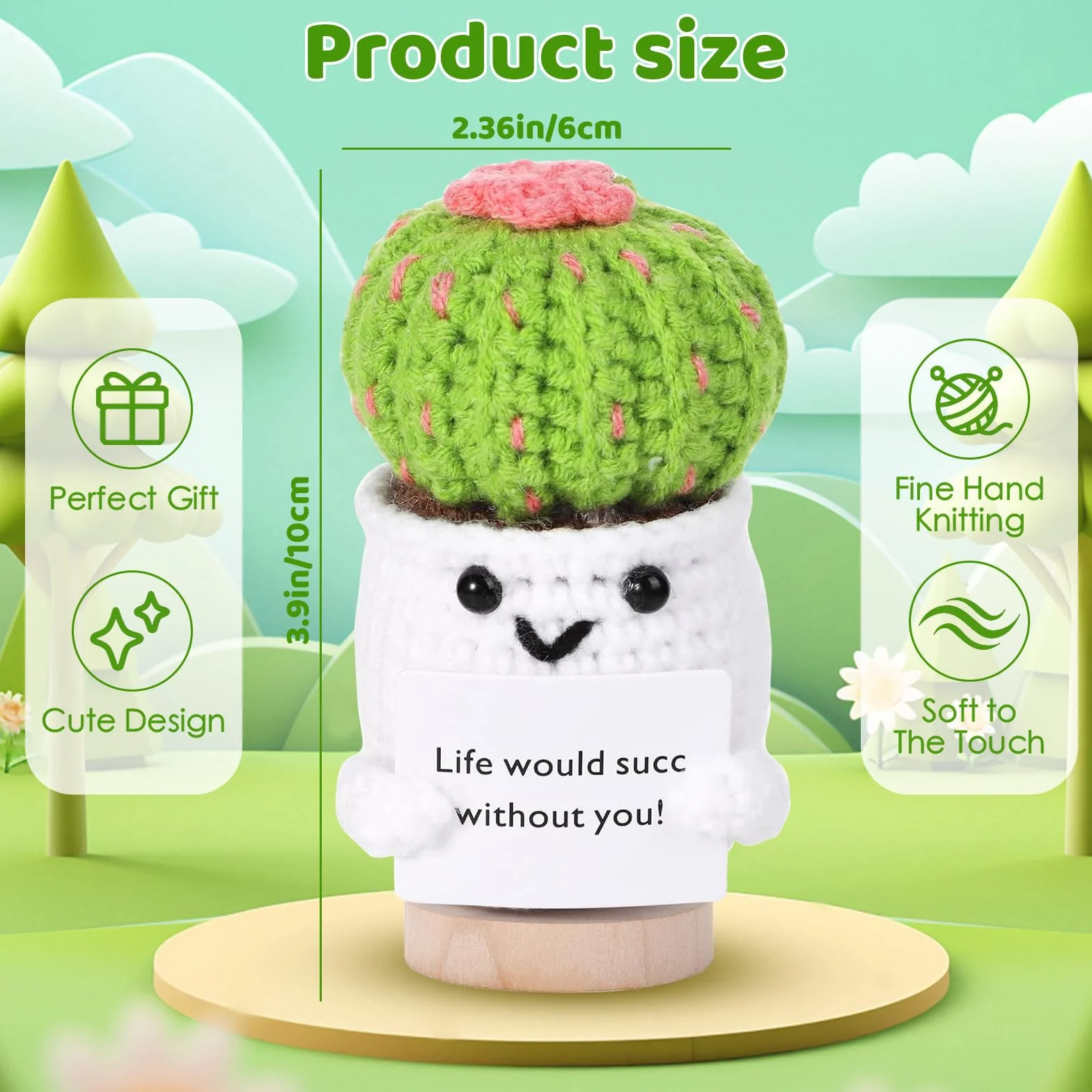Cactus au Crochet Positif avec Socle, Carte, Cadeau Rétablissement