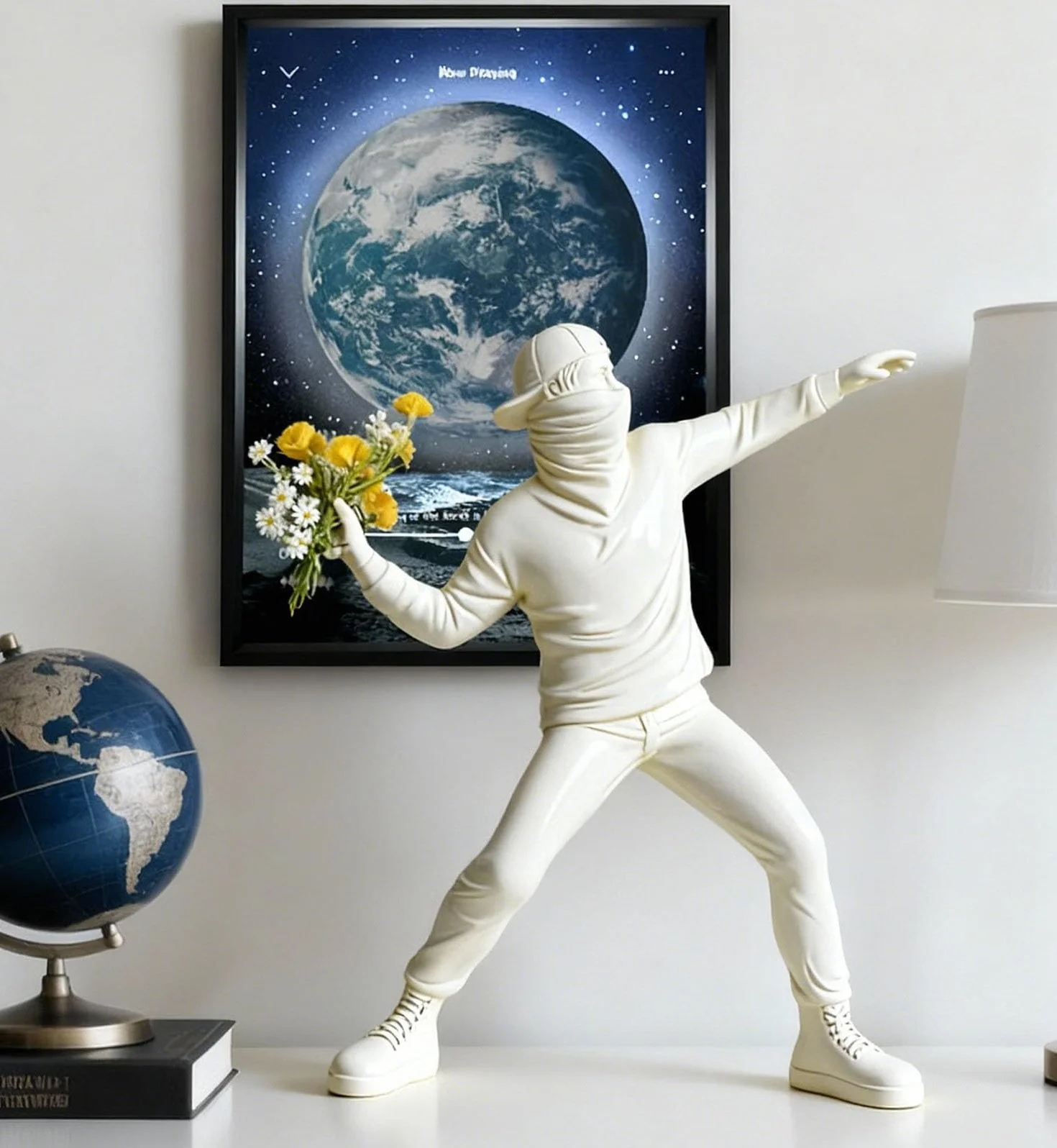 Sculpture Figurine Banksy, Décoration Salon Maison Statue Intérieure (Blanc)