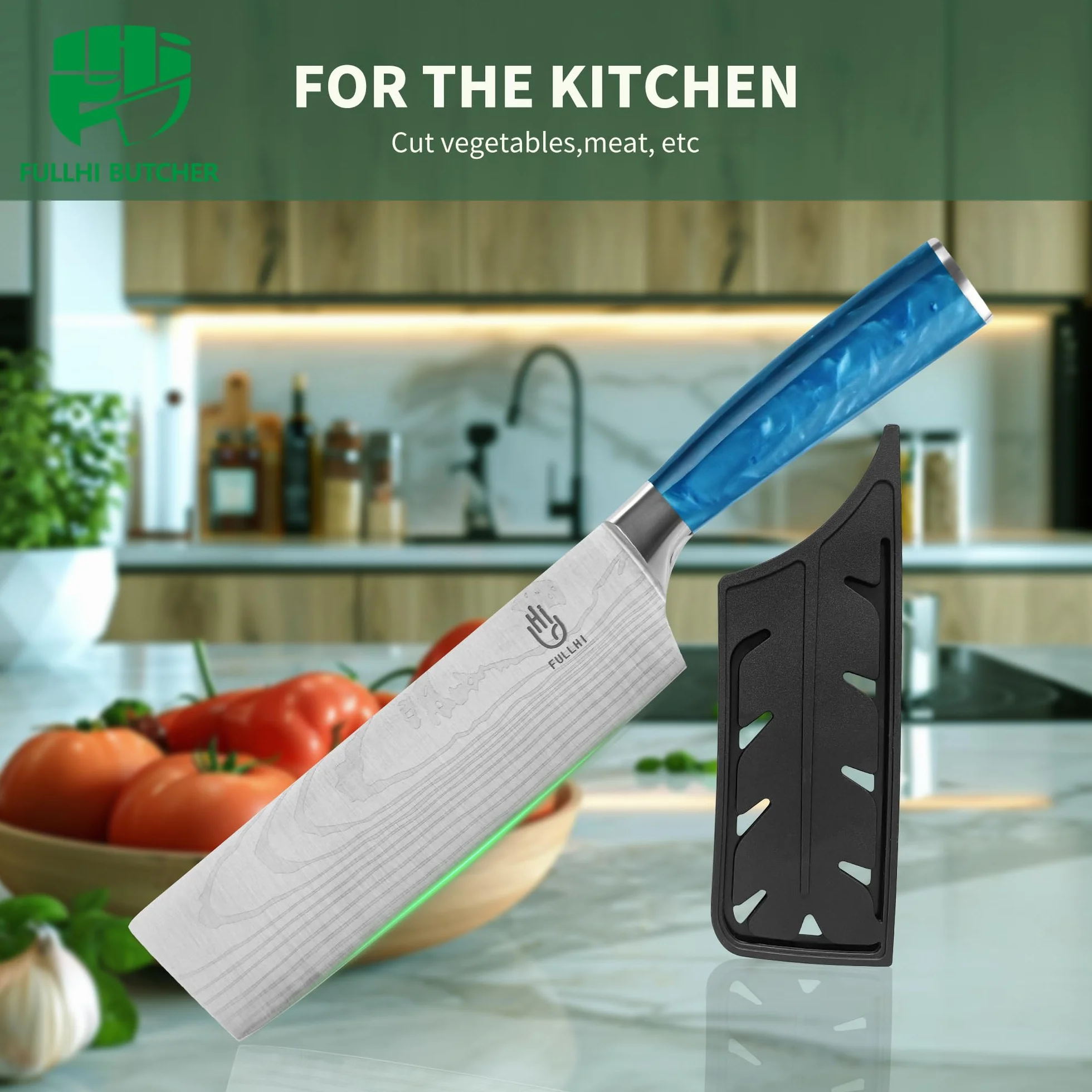 FULLHI Couteau Nakiri, couteau japonais multicolore de 7 pouces avec étui, couteau de cuisine en acier inoxydable pour la cuisson de la viande et des légumes avec protection (Résine bleue)
